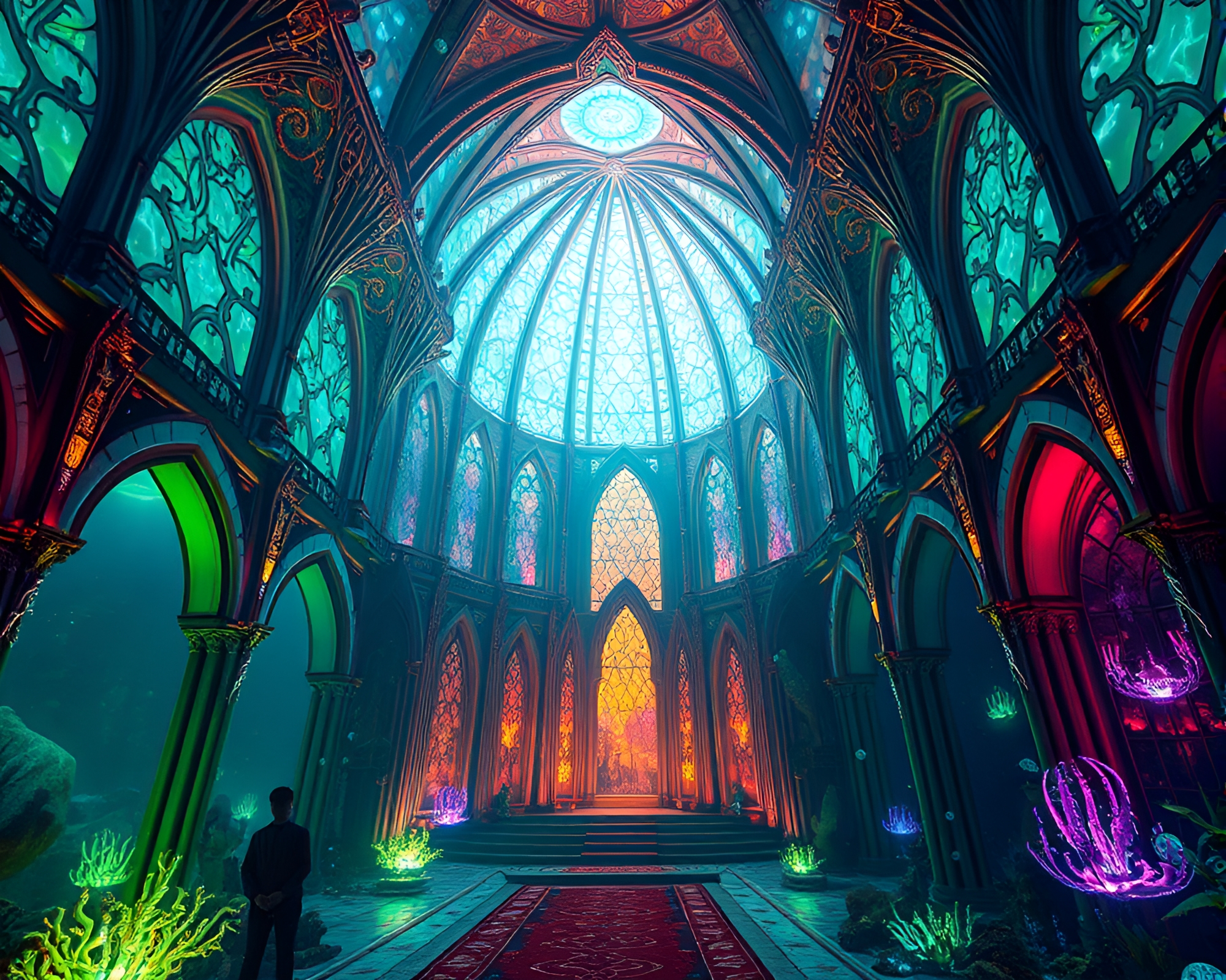 Subaquatic Cathedral: Bioluminescent Beauty and Art Deco Majesty – free AI stock image