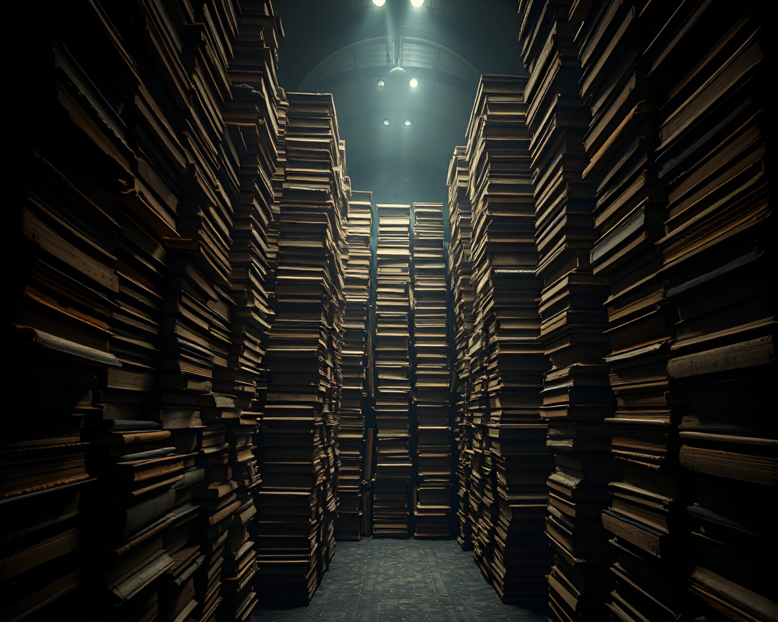 Dimly lit room with towering book pillars in haunting decay
