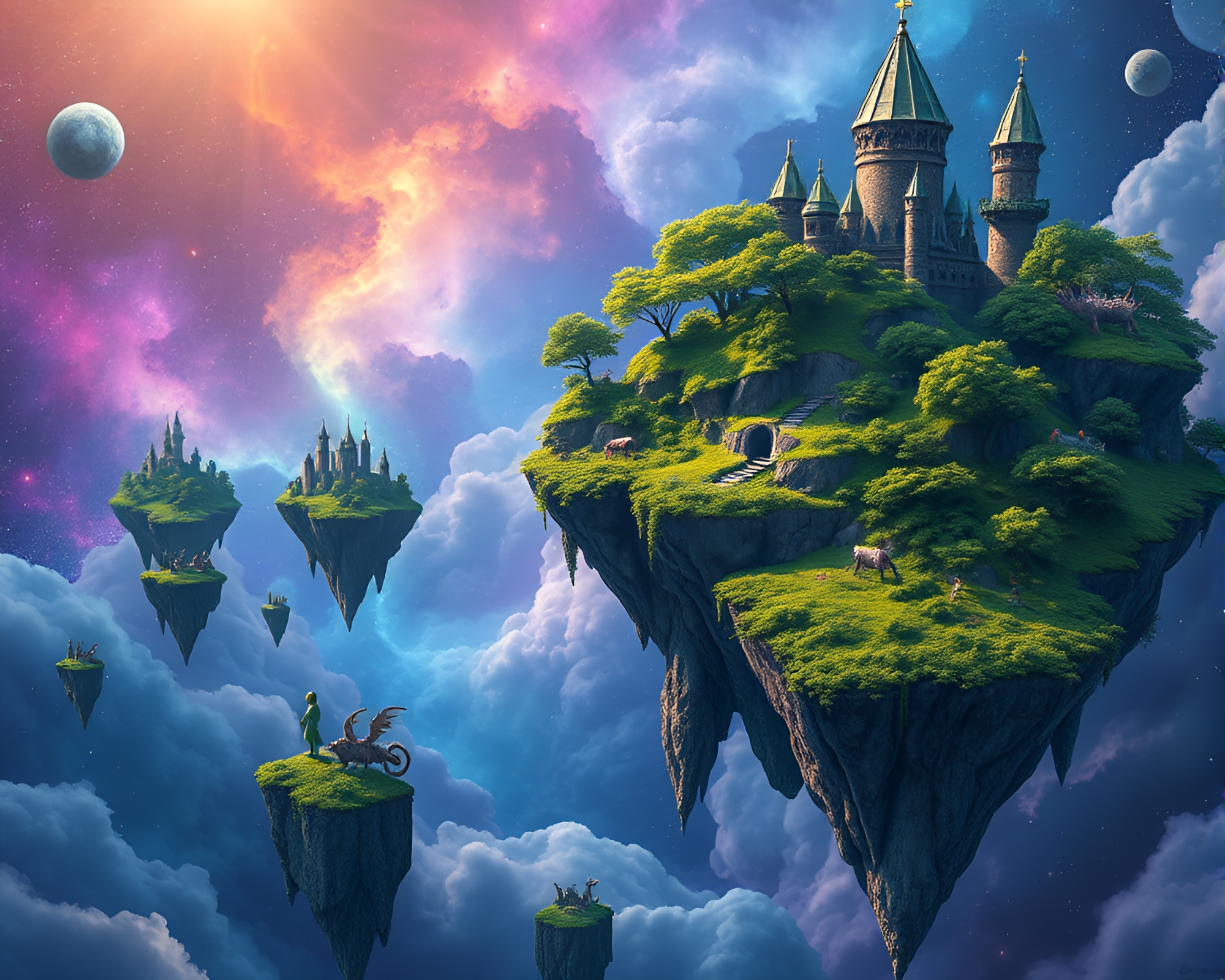 Luminous Floating Island Archipelago in Cosmic Collage – free AI stock image
