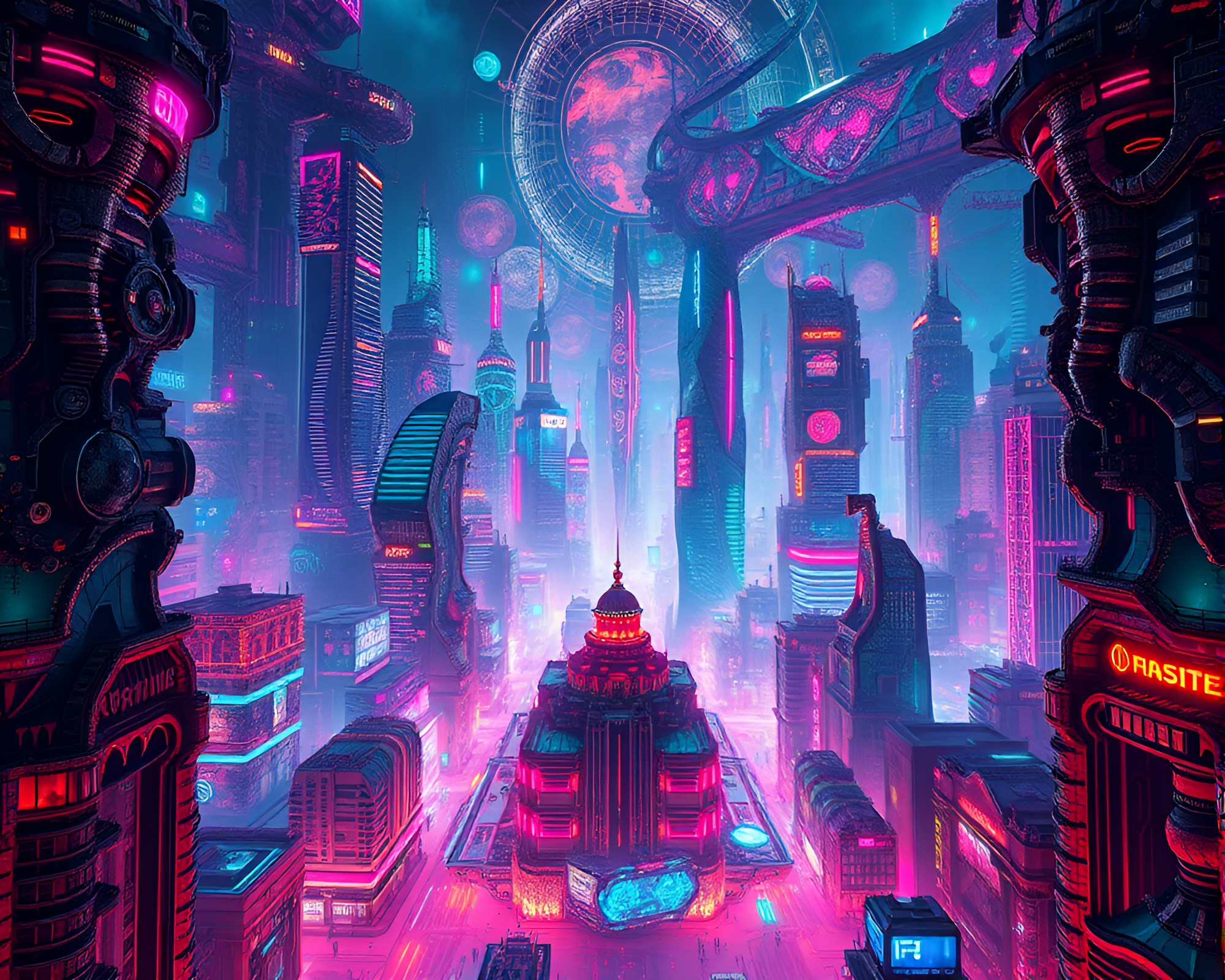 Surreal Cyberpunk Cityscape with Mesmerizing Fractal Patterns – free AI stock image