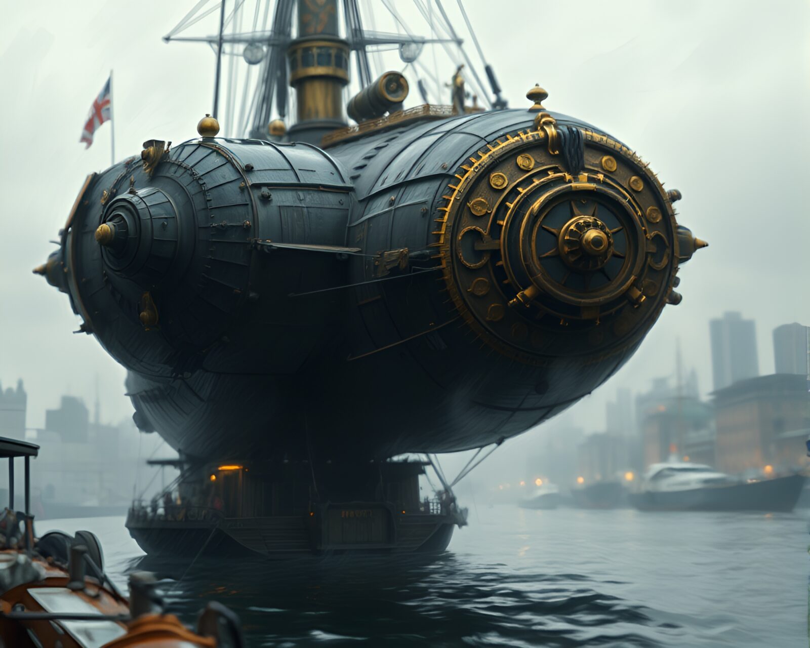 Impressionistic scene of steampunk airship at dark moody port