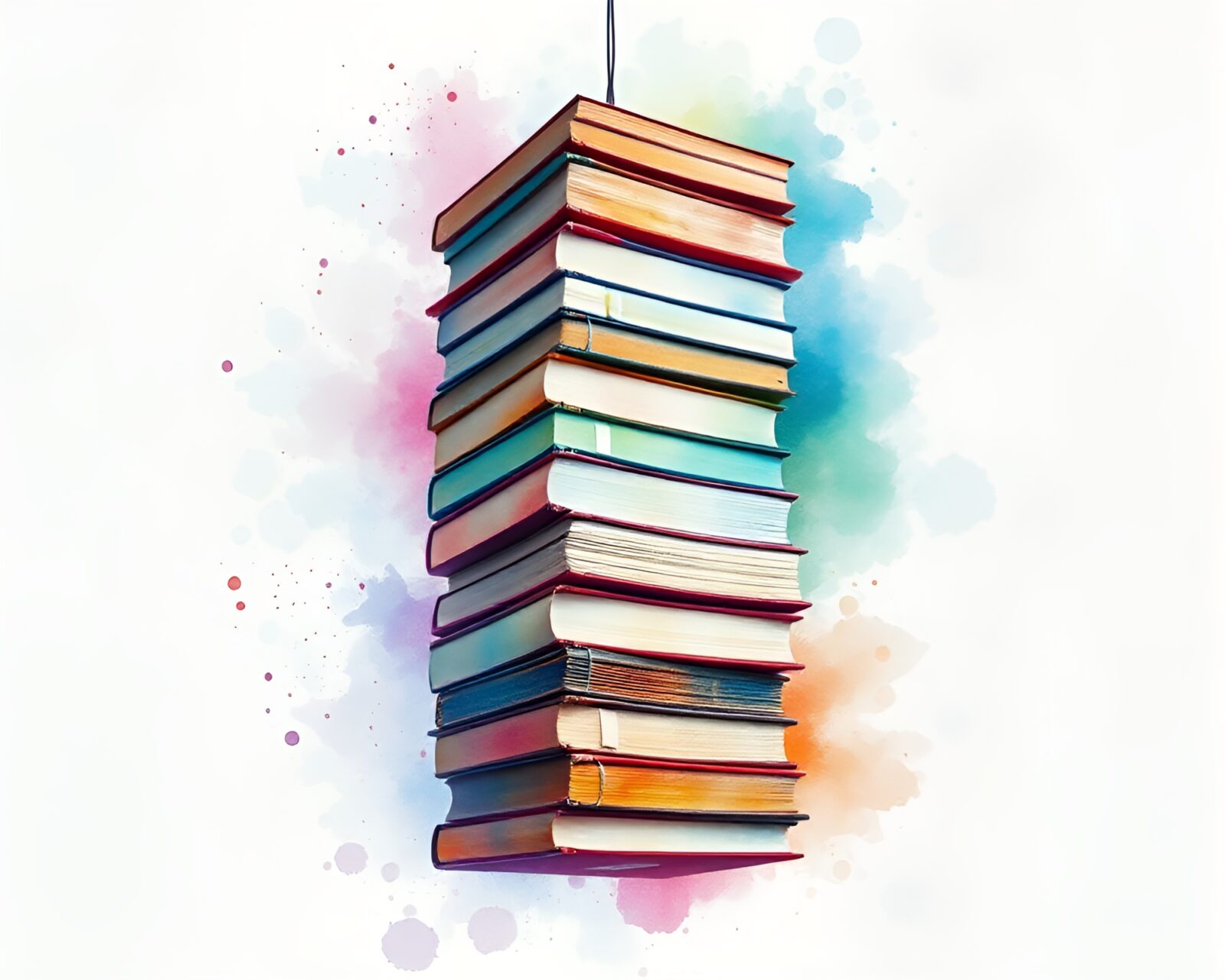 Surreal watercolor book tower blending colors, dreamlike atmosphere