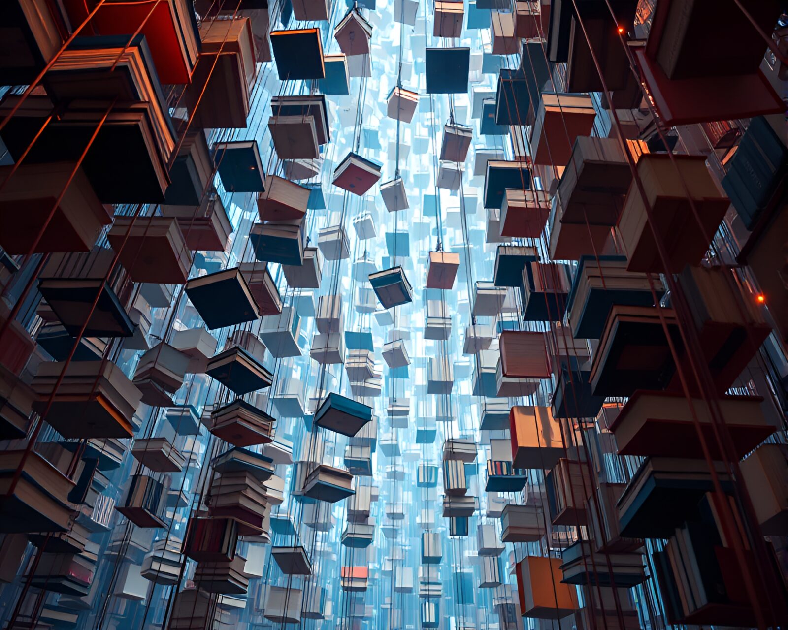 Dreamy line drawing of floating books in mid-air