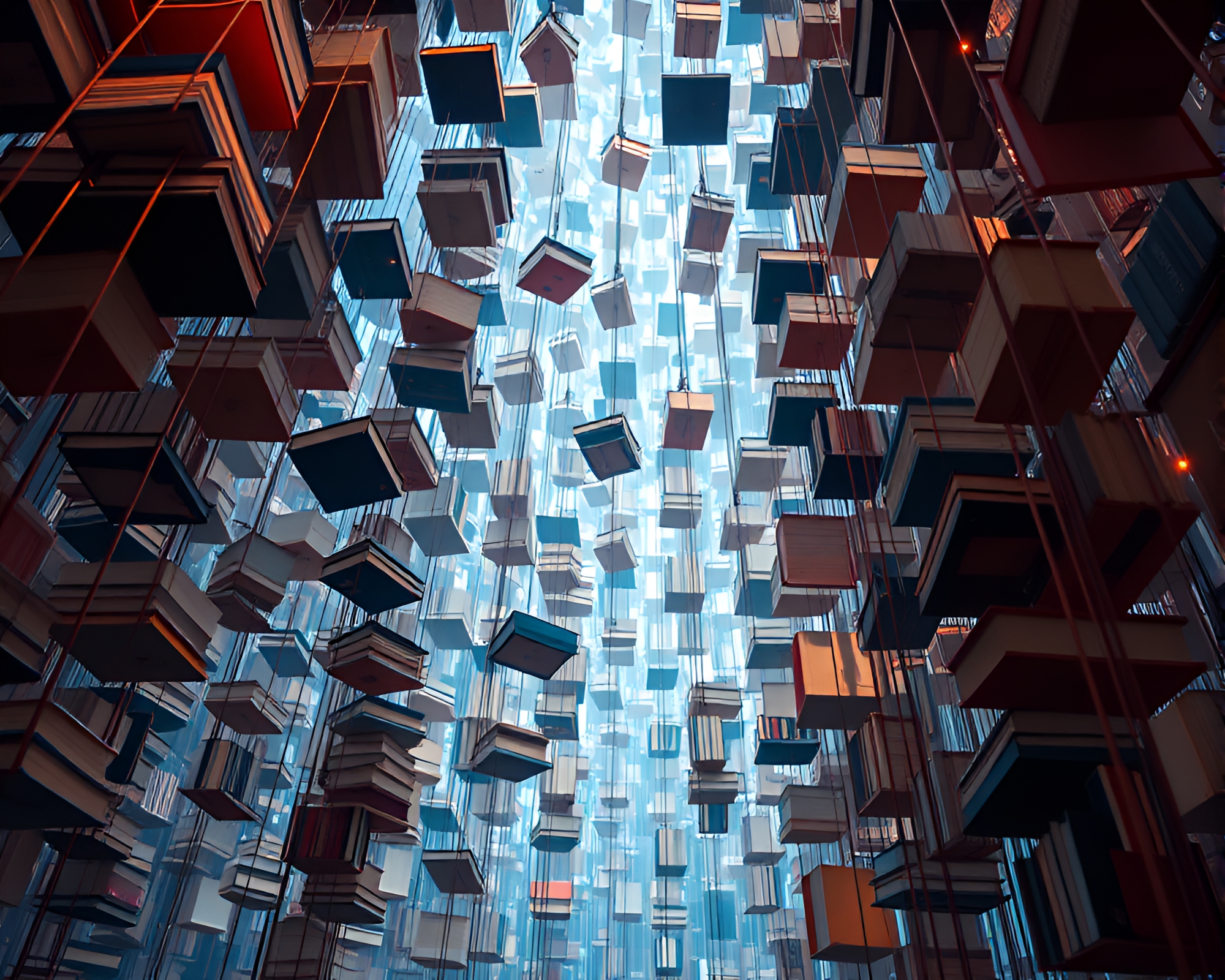 Whimsical Tower of Suspended Books Line Drawing – free AI stock image