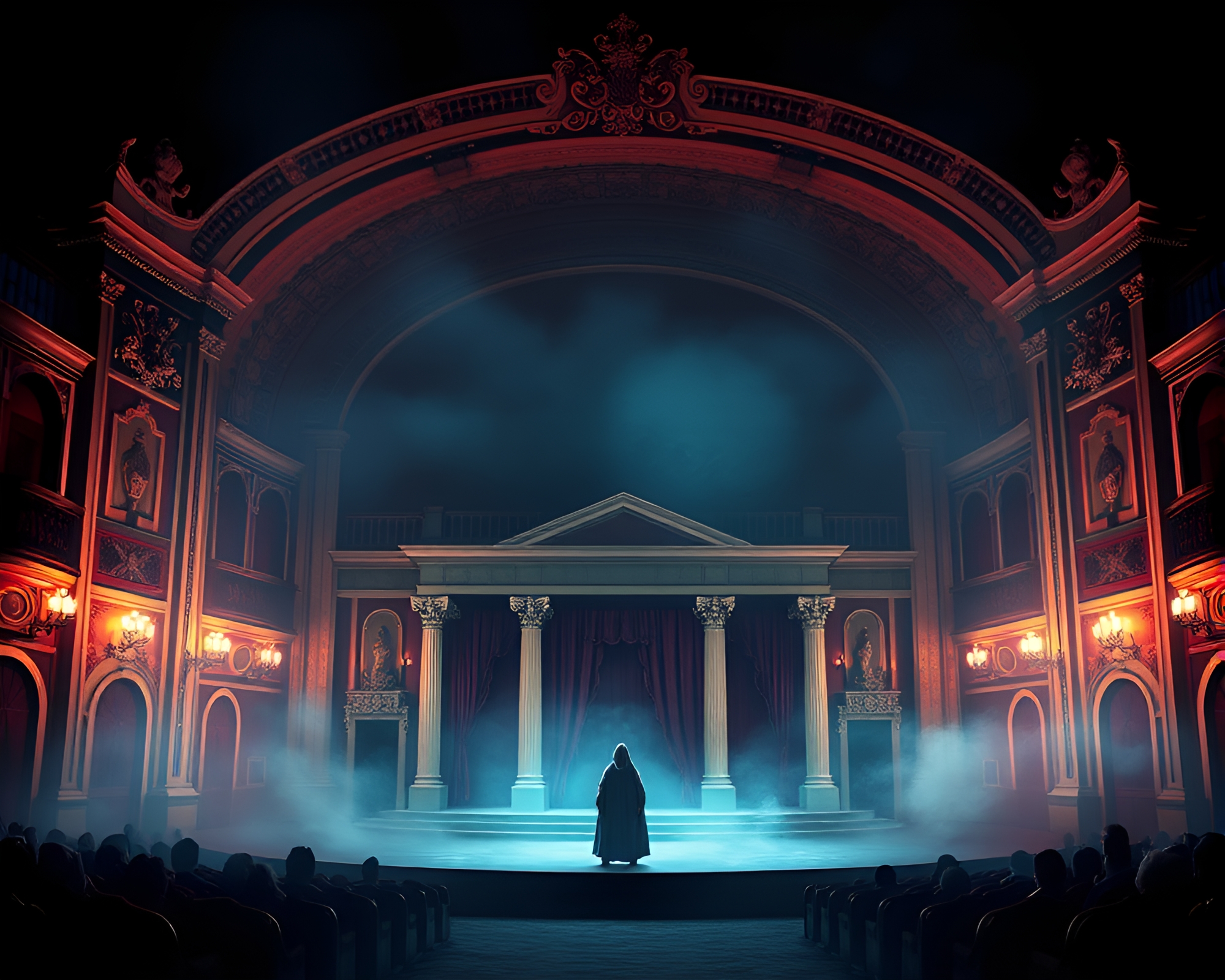 Twilight Phantom: Eerie Opera House Image in Contemporary Art Style – free AI stock image
