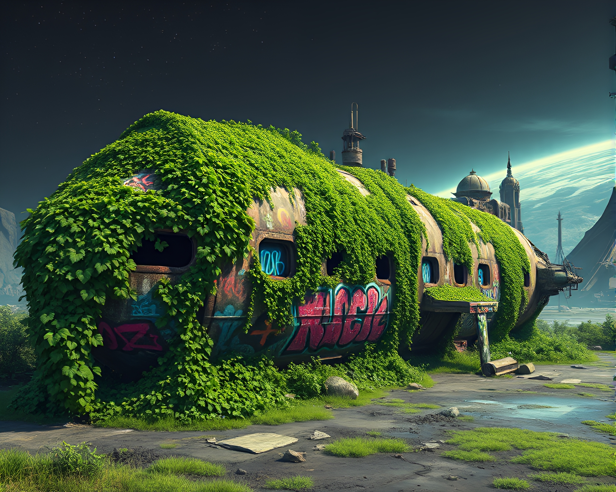 Ancient Spaceship Overtaken by Ivy and Neon Graffiti – free AI stock image