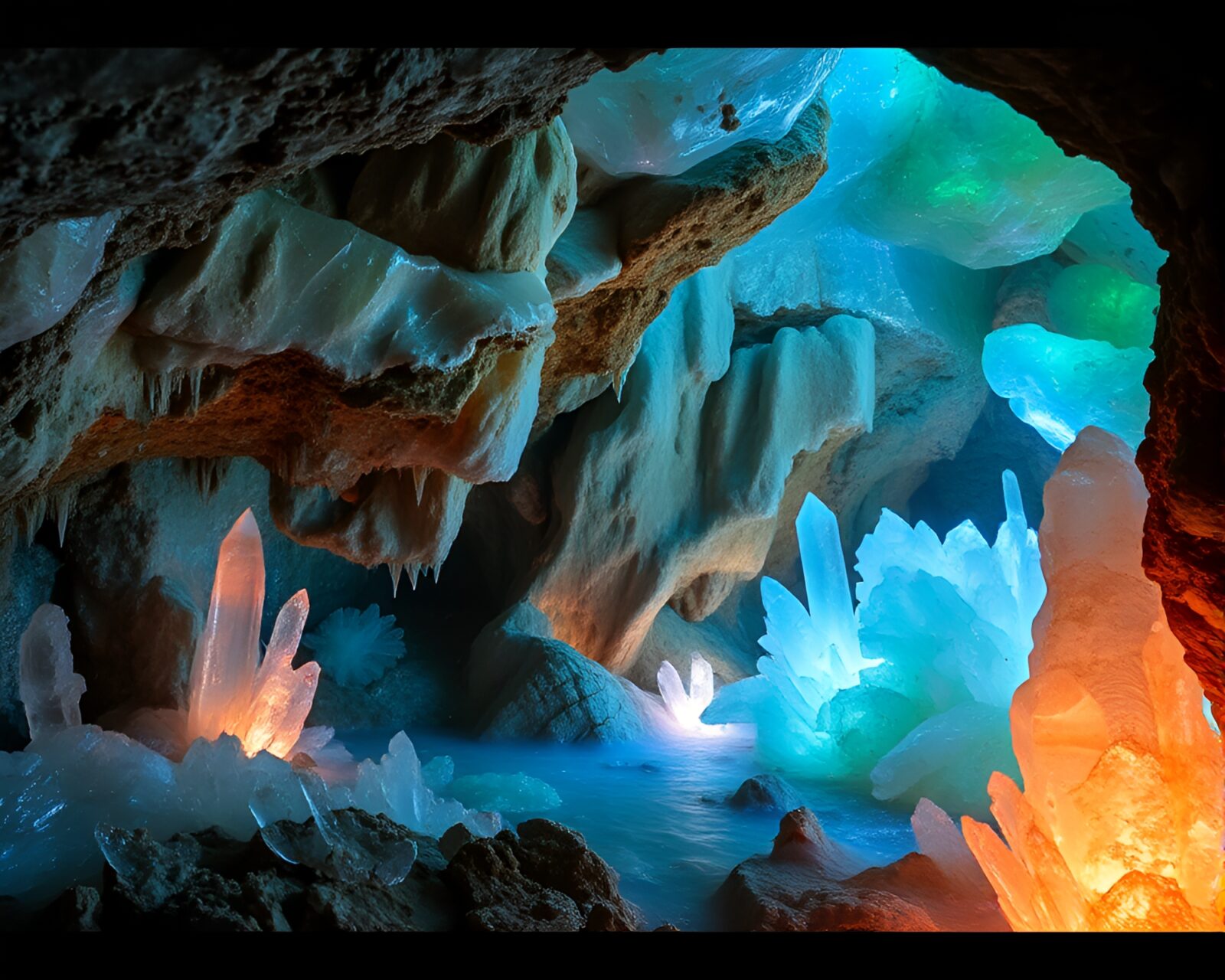 Mesmerizing crystalline cavern with serene ambiance and iridescent colors
