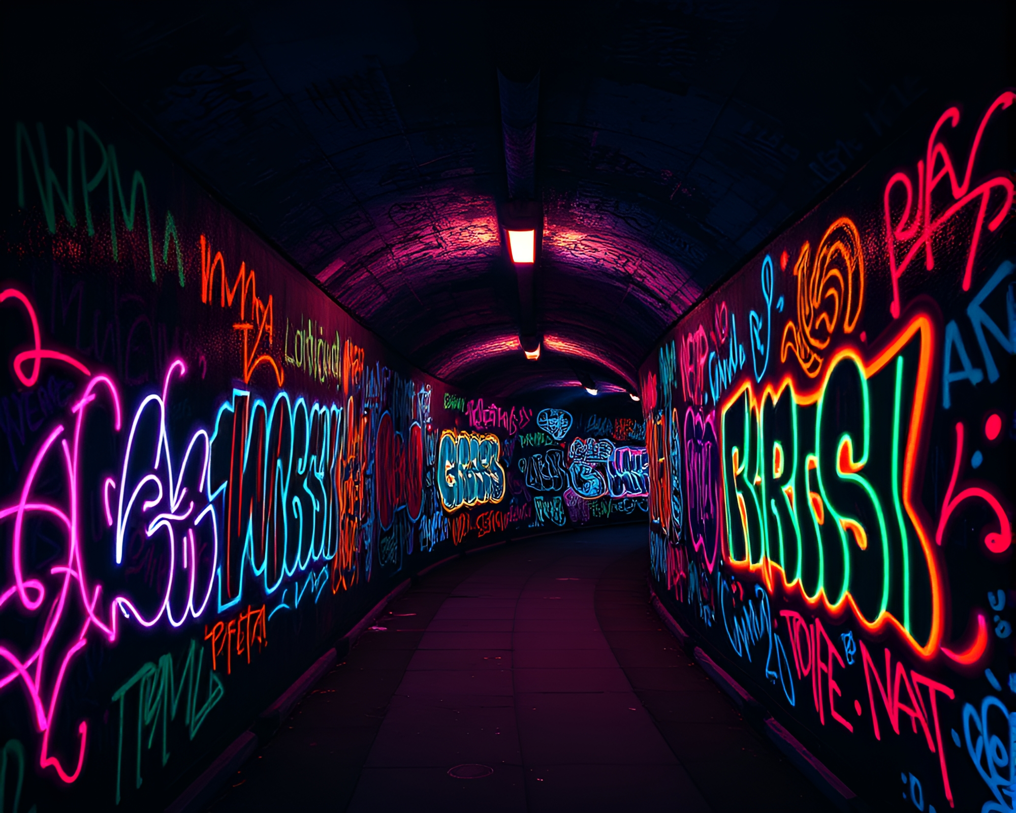 Ethereal Neon Graffiti Illuminates Dark Tunnel Interior – free AI stock image