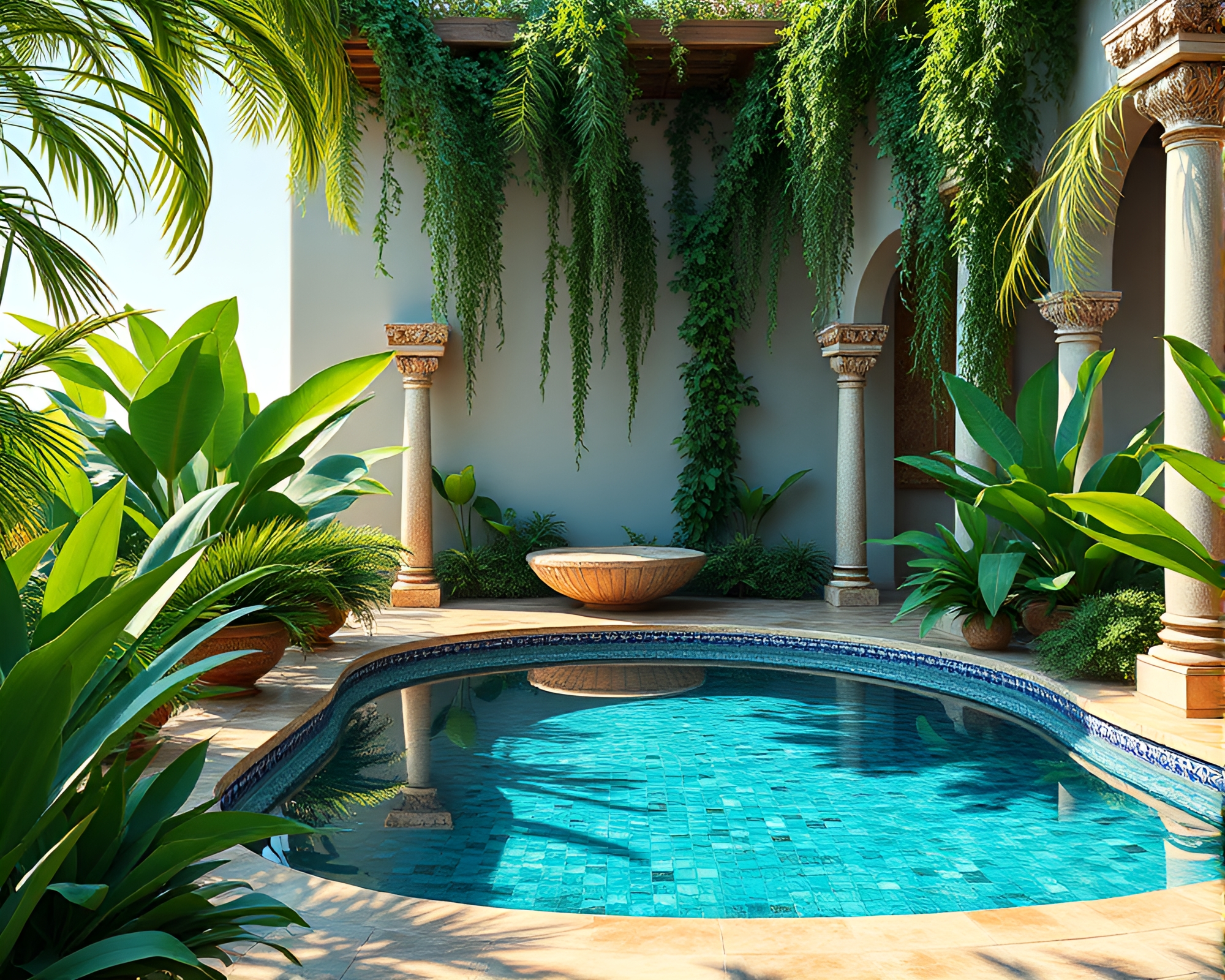 Enchanting Oasis with Reflective Mosaic Pool – free AI stock image