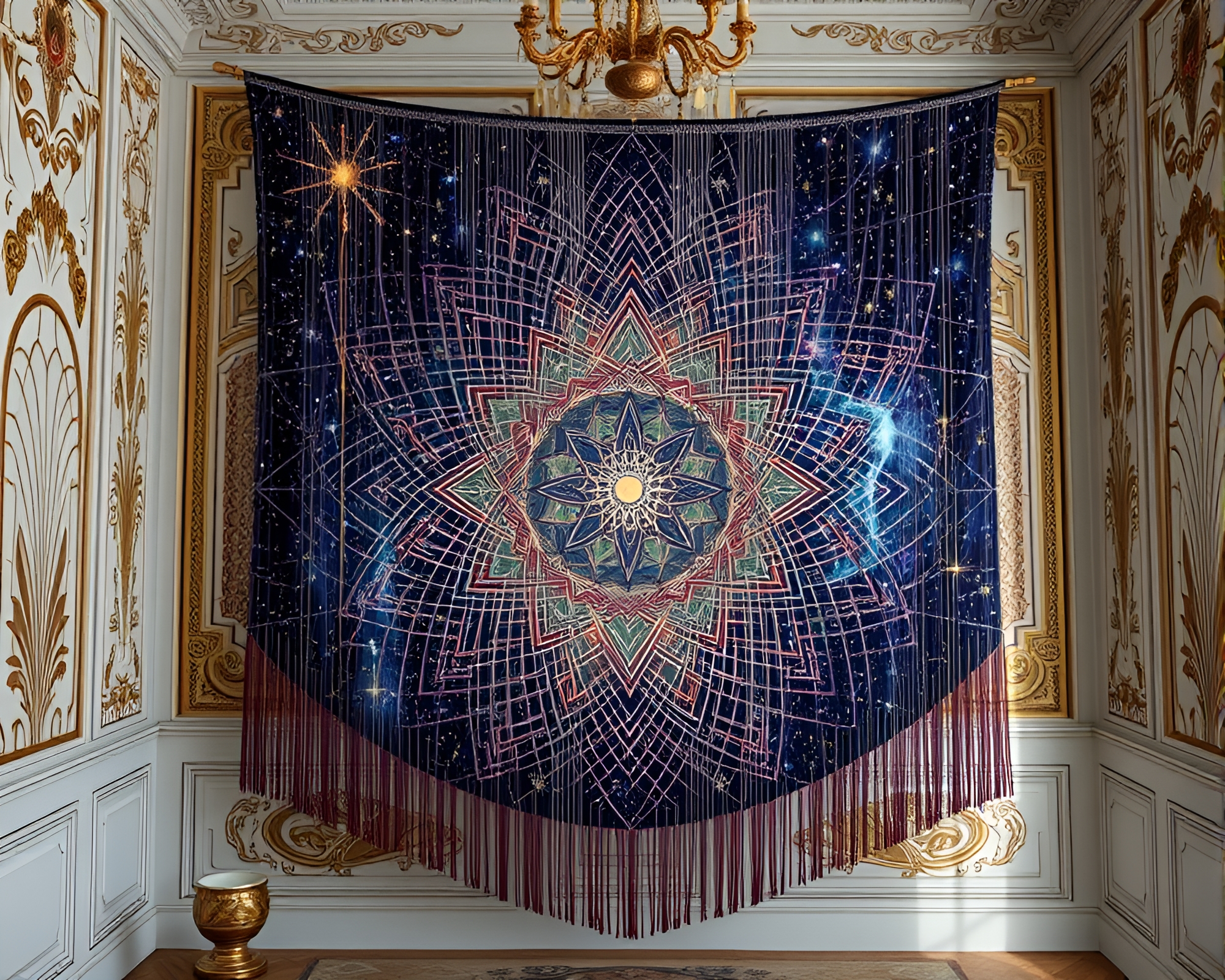 Mesmerizing Cosmic String Tapestry in Art Deco Room – free AI stock image