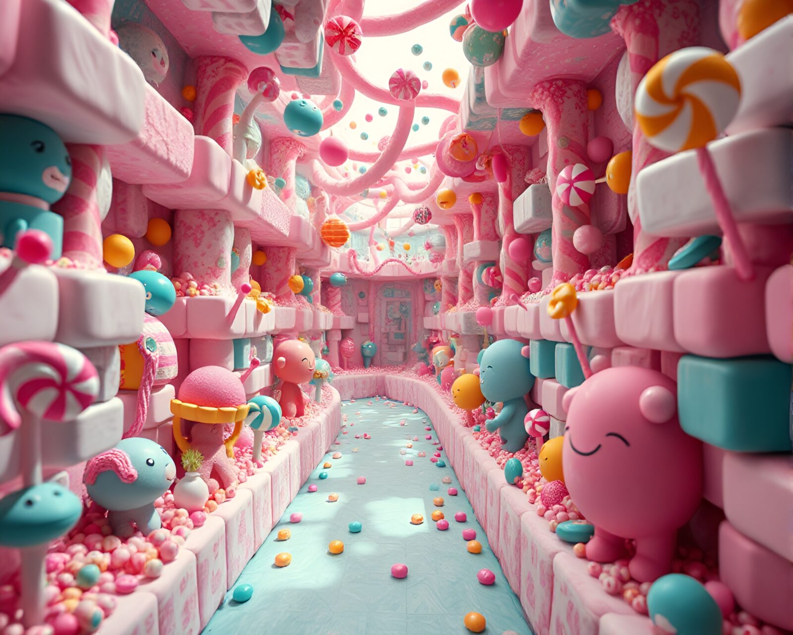 Vivid and surreal candy maze with floating elements