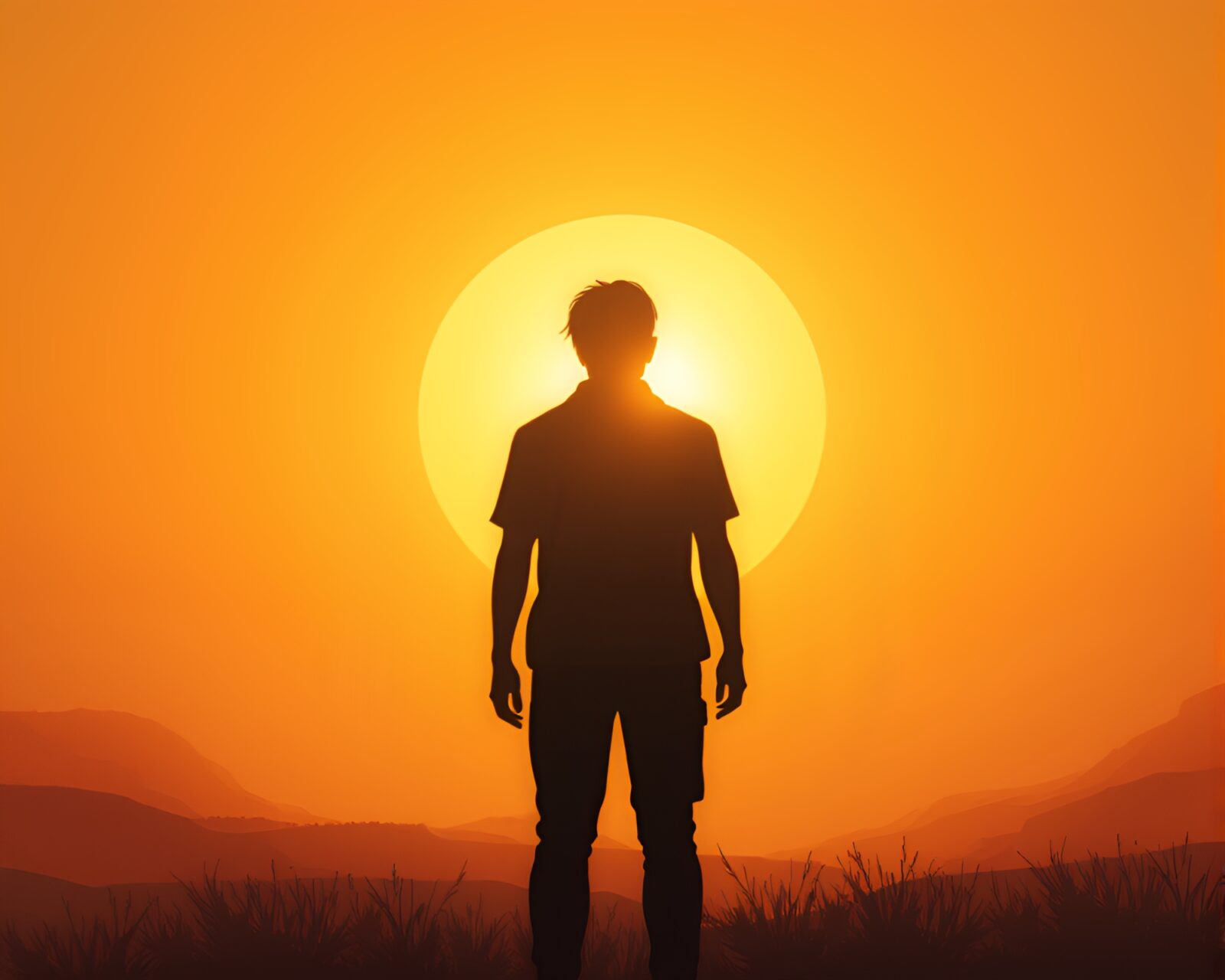 Peaceful scene of lone figure gazing at golden sunset