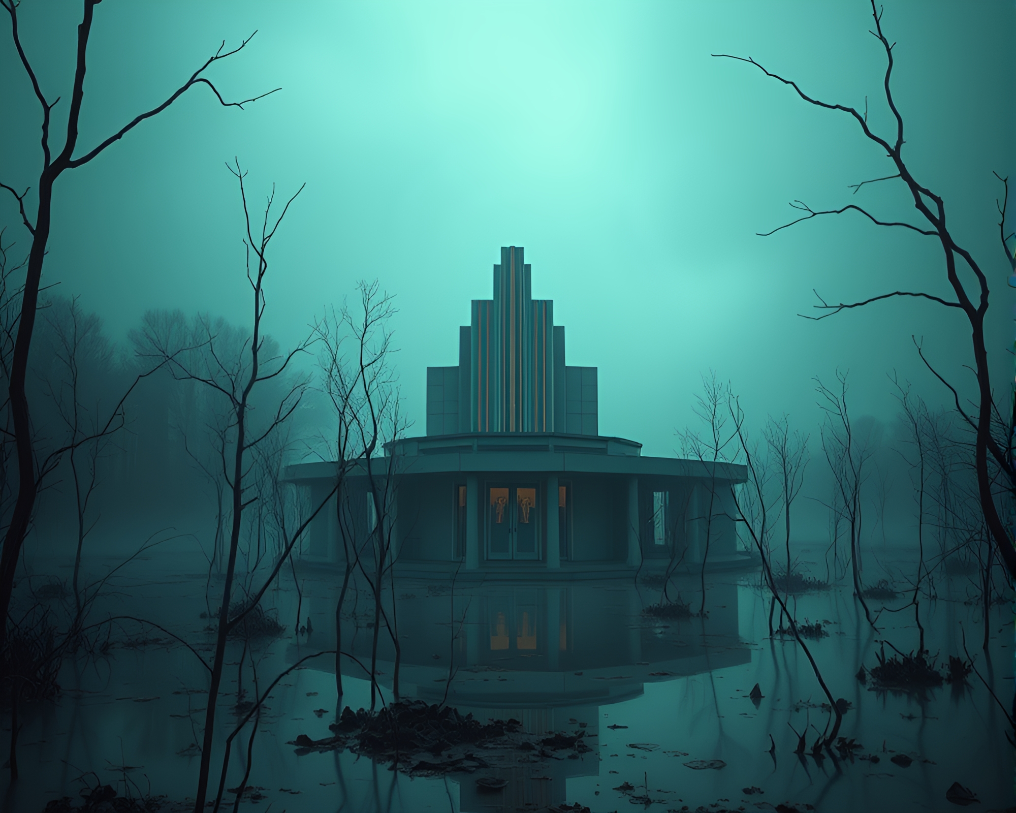 Eerie Art Deco Structure in Phantasmal Marsh – free AI stock image