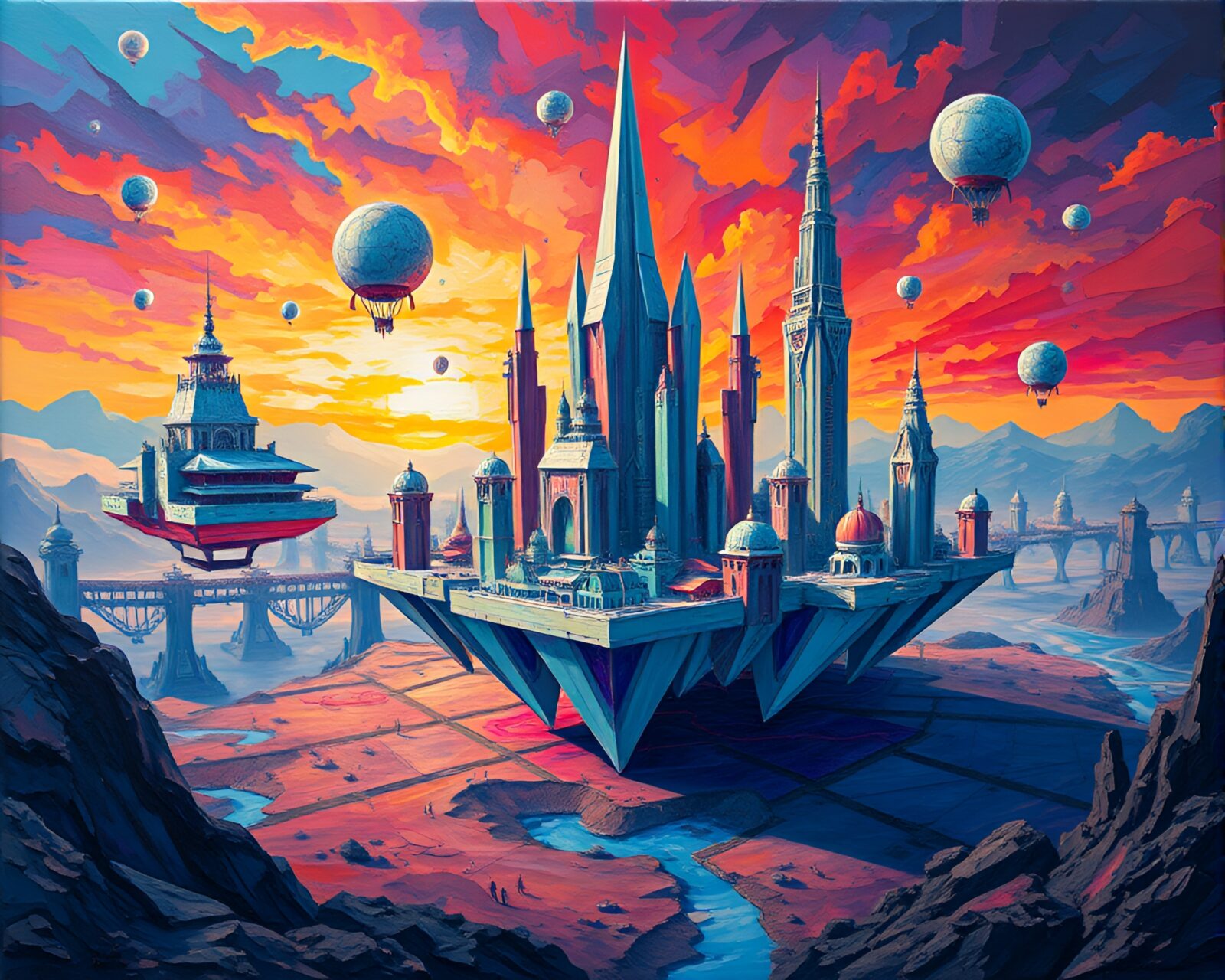 Vibrant and intricate artwork of futuristic city in ruins