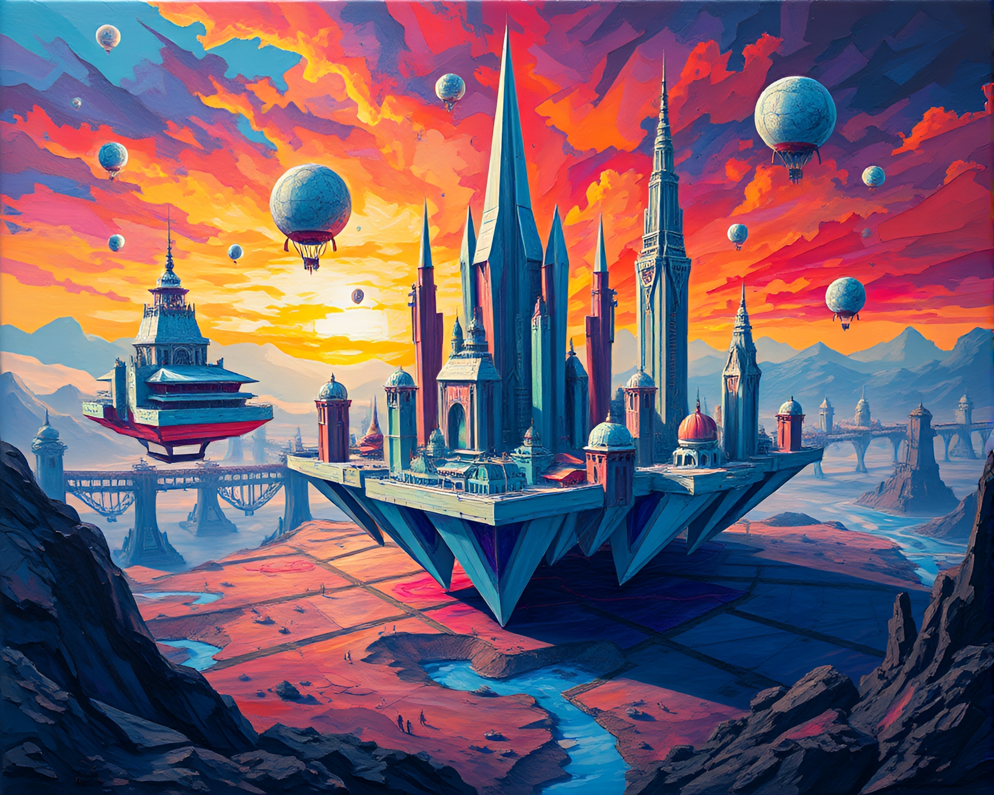 Apocalyptic Acrylic Painting of Floating Origami City – free AI stock image