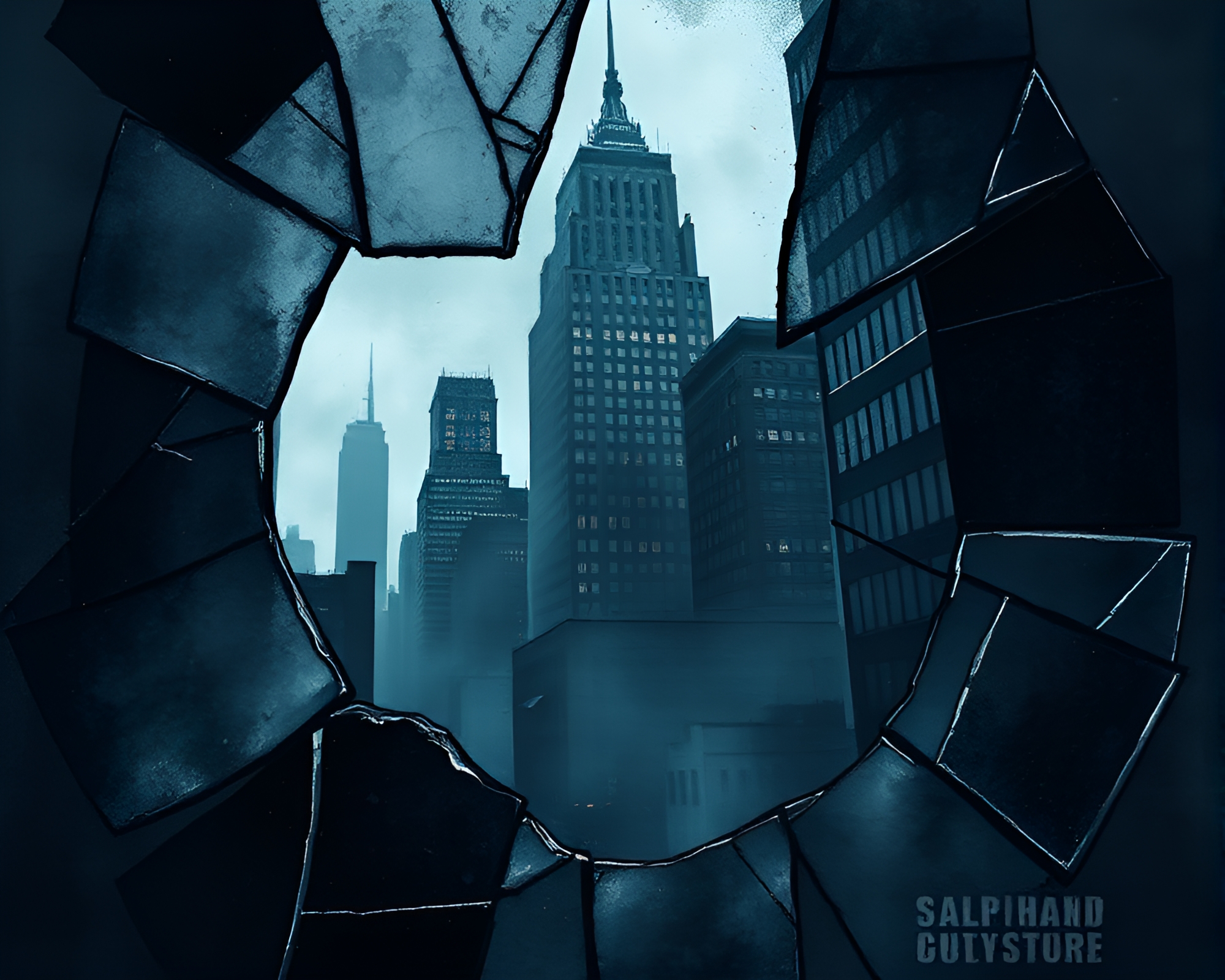 Ethereal Reflections: Noir Cityscape Fragmented in Shattered Mirror – free AI stock image