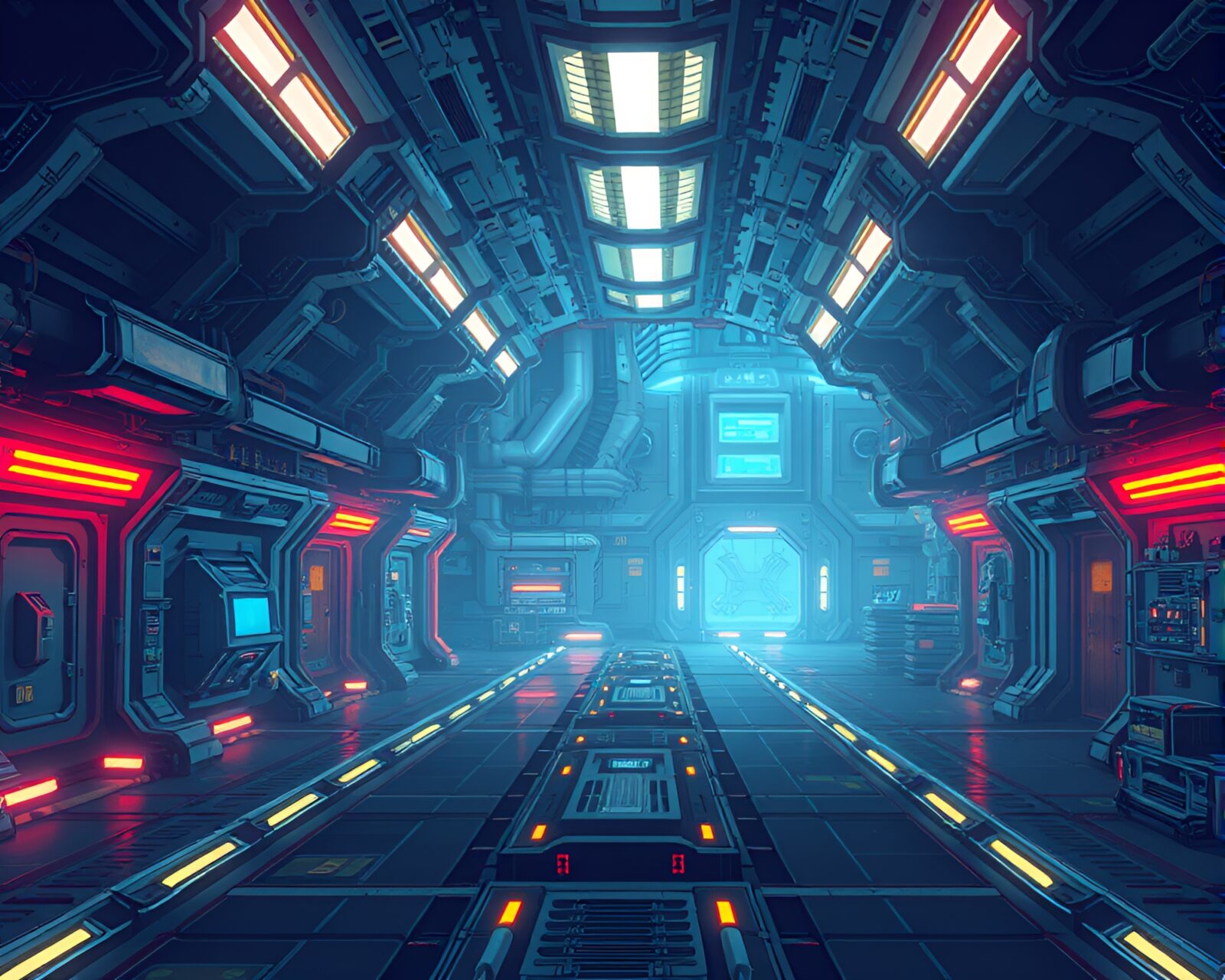 Pixel art image of abandoned space station with neon lights