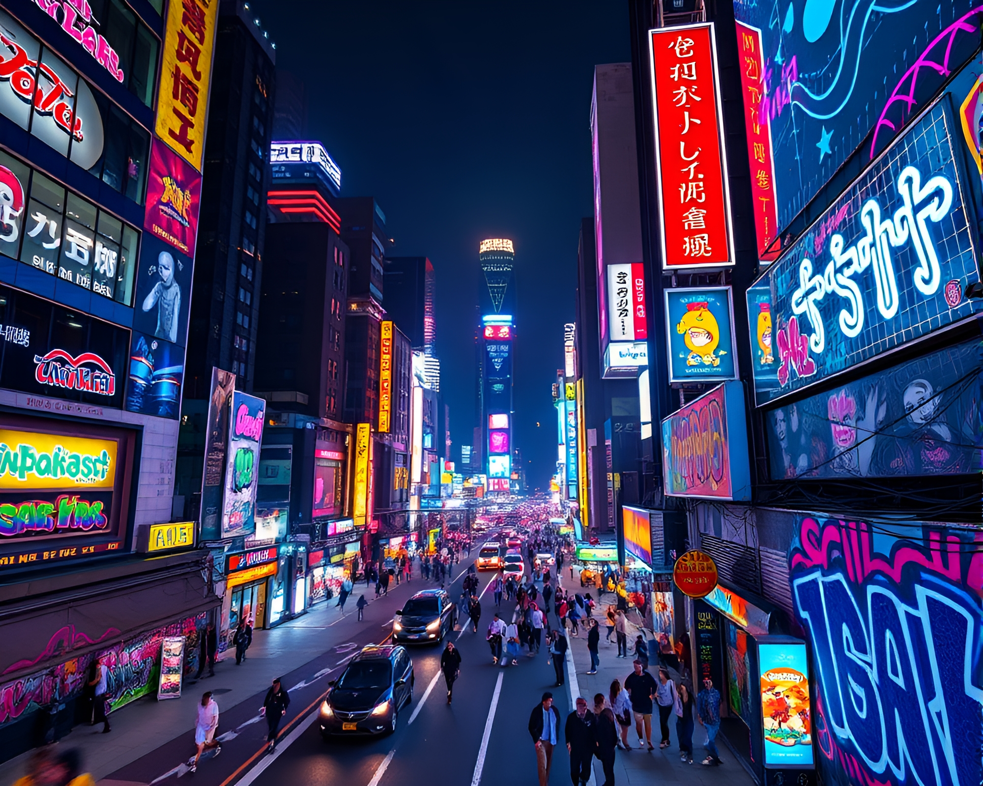 Bustling City Nightscape with Cosmic Graffiti Art – free AI stock image