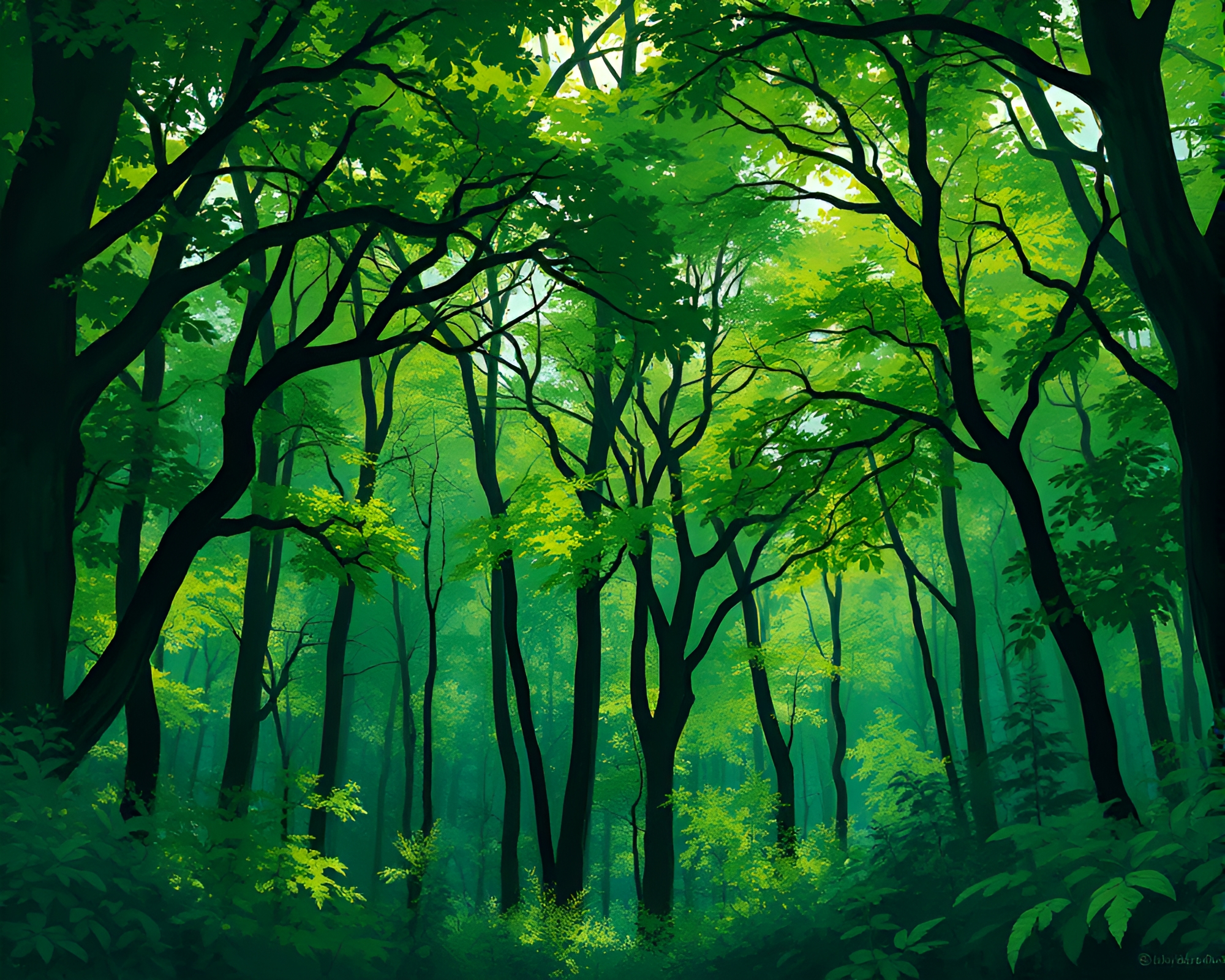 Enchanting Gouache Forest Illustration Comes Alive in Emerald Canopy – free AI stock image