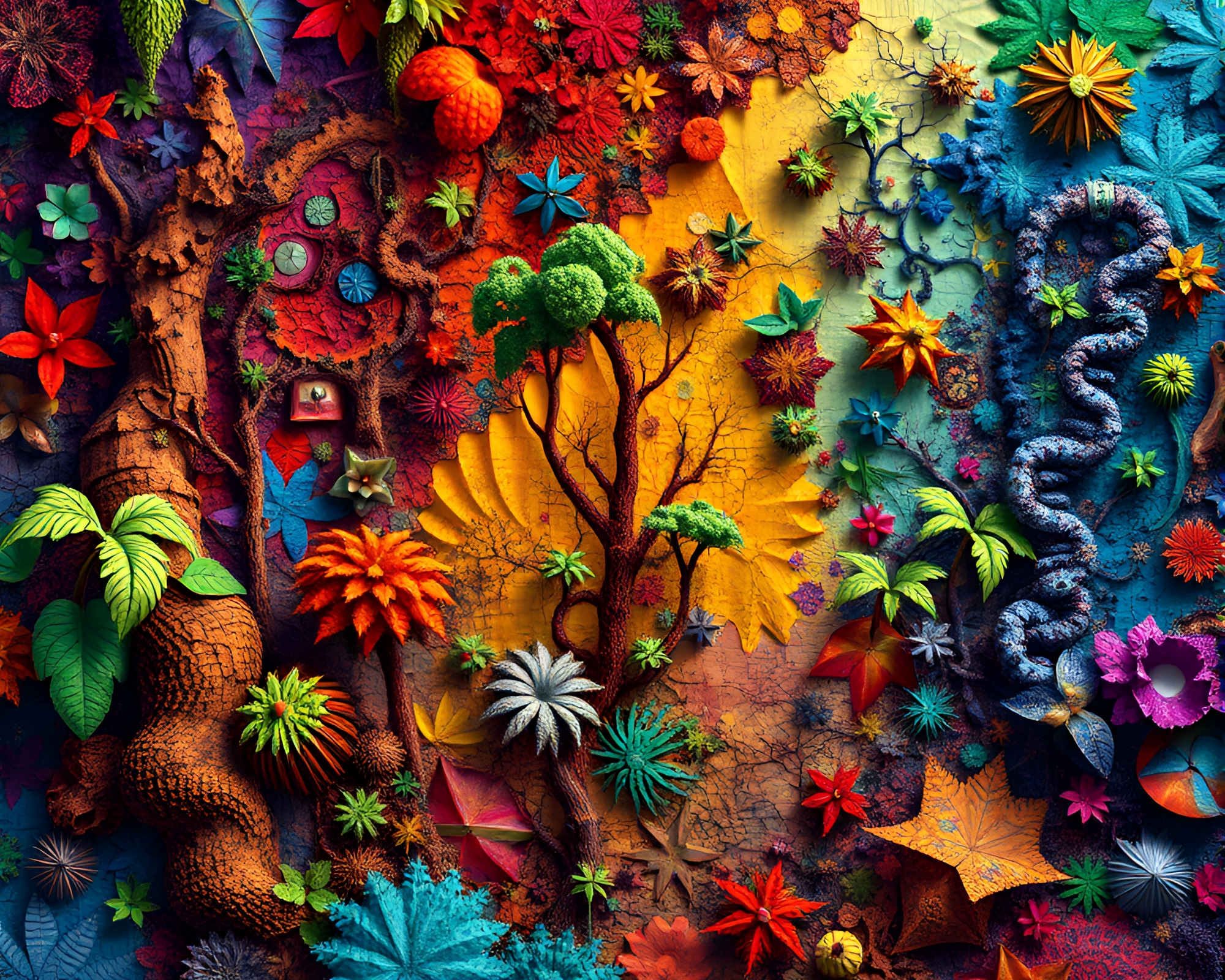 Colorful Fractal Jungle: Intricate and Mesmerizing Landscape Collage – free AI stock image