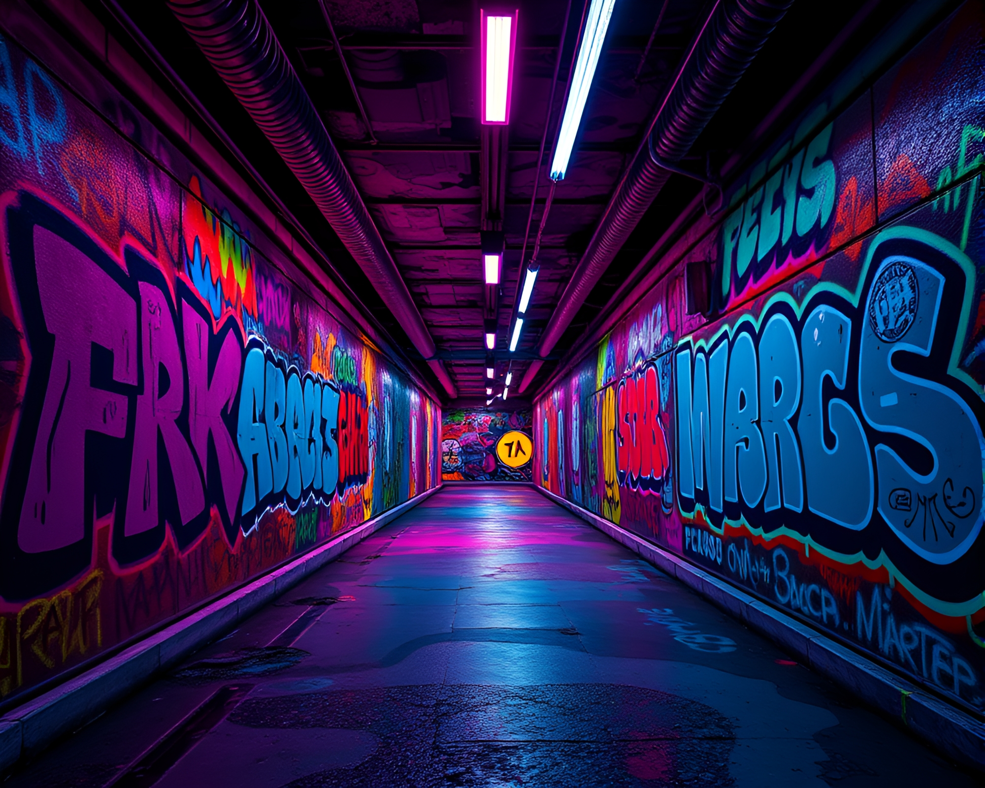 Vibrant Neon-Lit Graffiti Tunnel: Virtual Reality Game Concept – free AI stock image