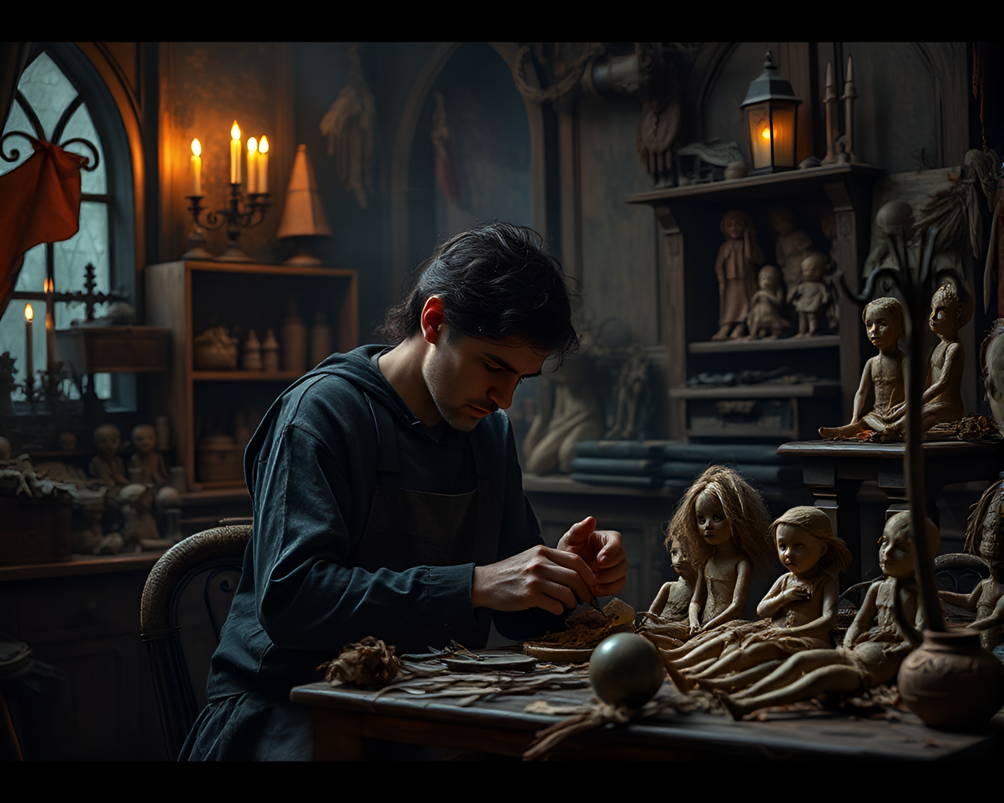 Crafting Macabre Dolls by Candlelight in Antique Workshop – free AI stock image