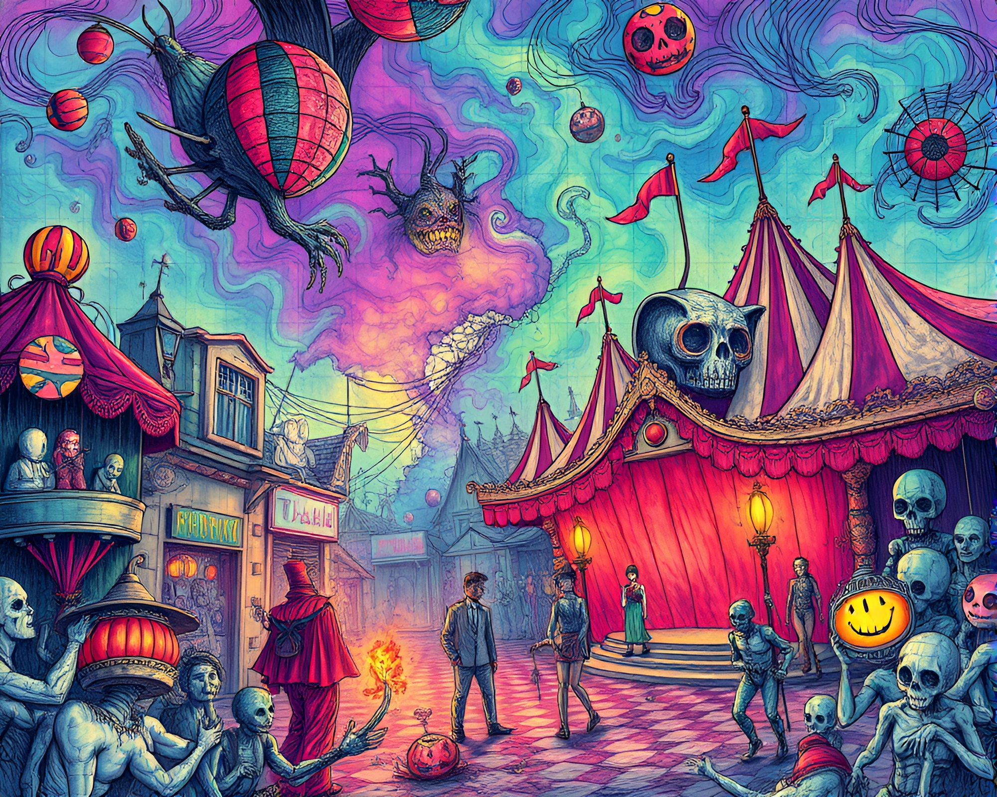 Spectral Carnival: Vibrant Colors in Intricate Line Drawings – free AI stock image