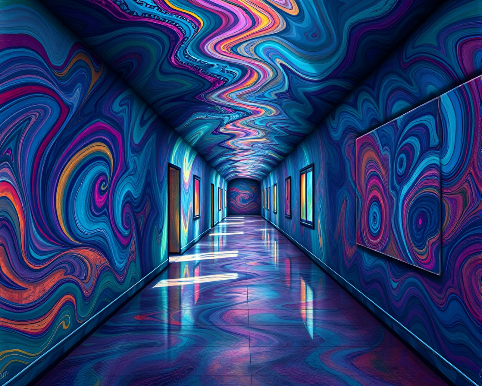 Colorful swirling patterns in a vibrant, dream-like corridor scene