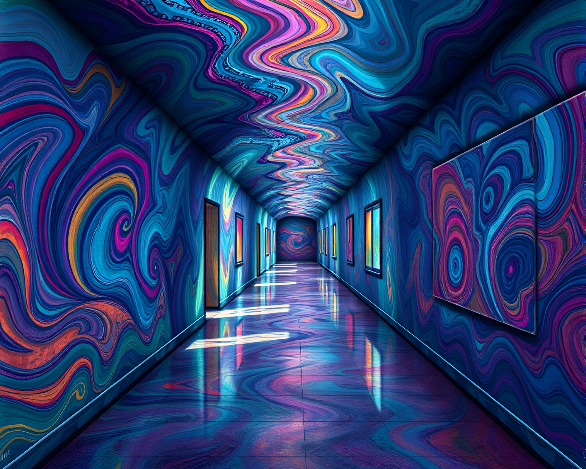 Mesmerizing Time-Warp Corridor with Surreal Impressionistic Art – free AI stock image