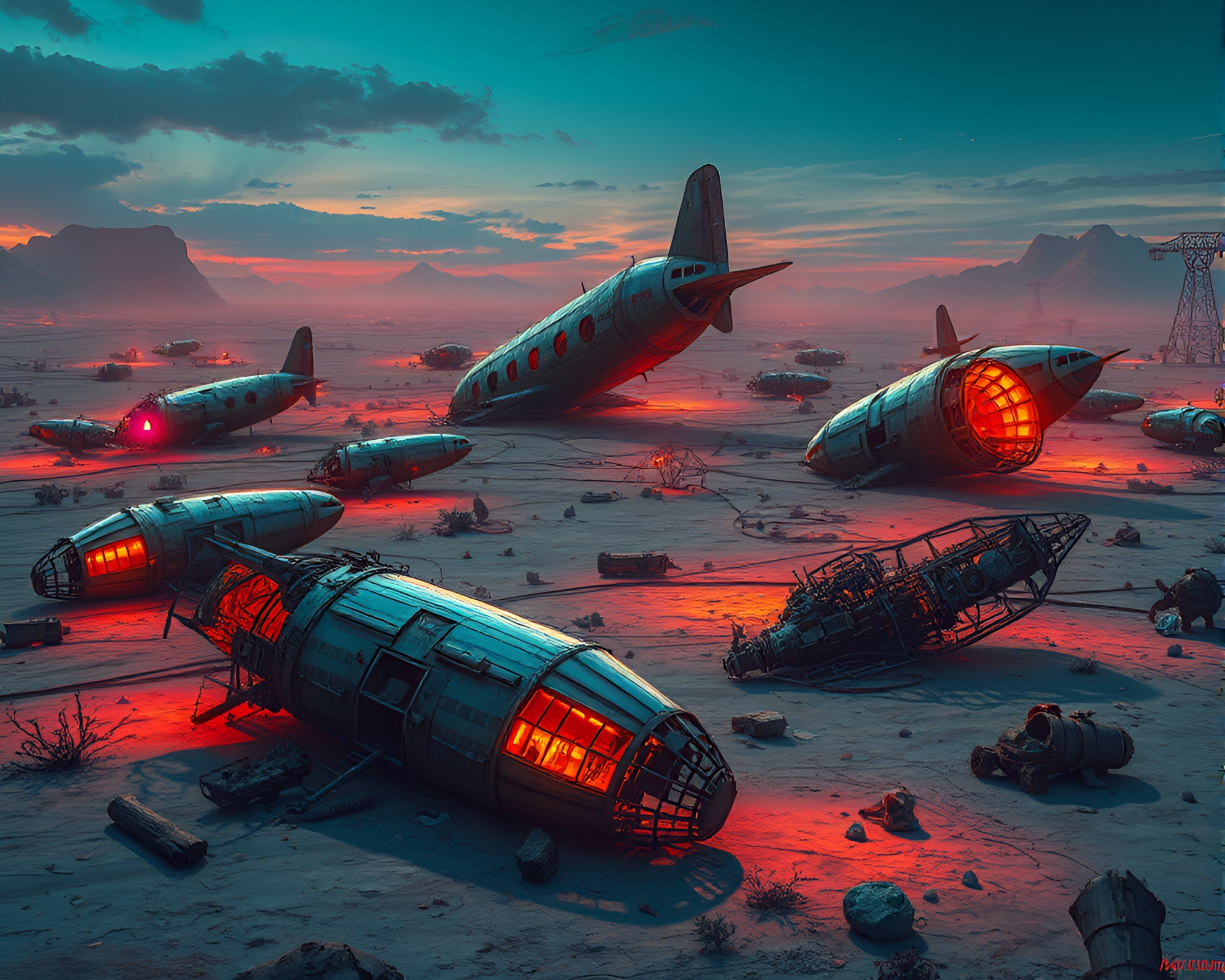 Surreal Futuristic Wasteland: Zeppelin Decay and Neon Glow – free AI stock image