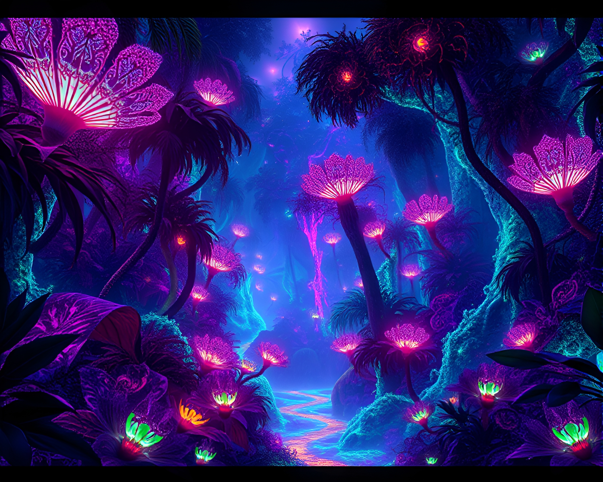 Luminous Jungle: Ethereal Cubist-Inspired Landscape – free AI stock image