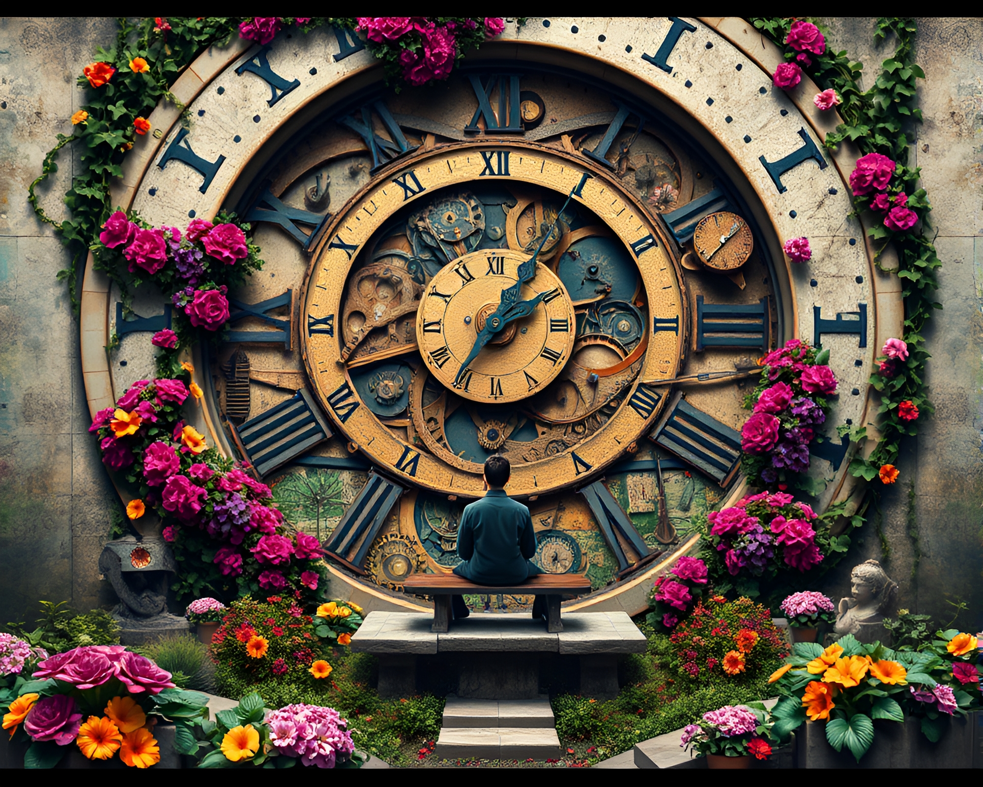 Intricate Clockwork Garden Illustration with Contemplative Figure – free AI stock image