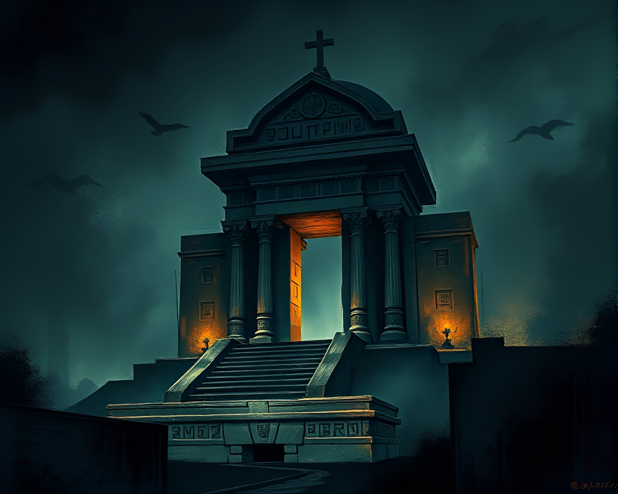 Enigmatic Temple with Ancient Glyphs: Abstract Artwork – free AI stock image