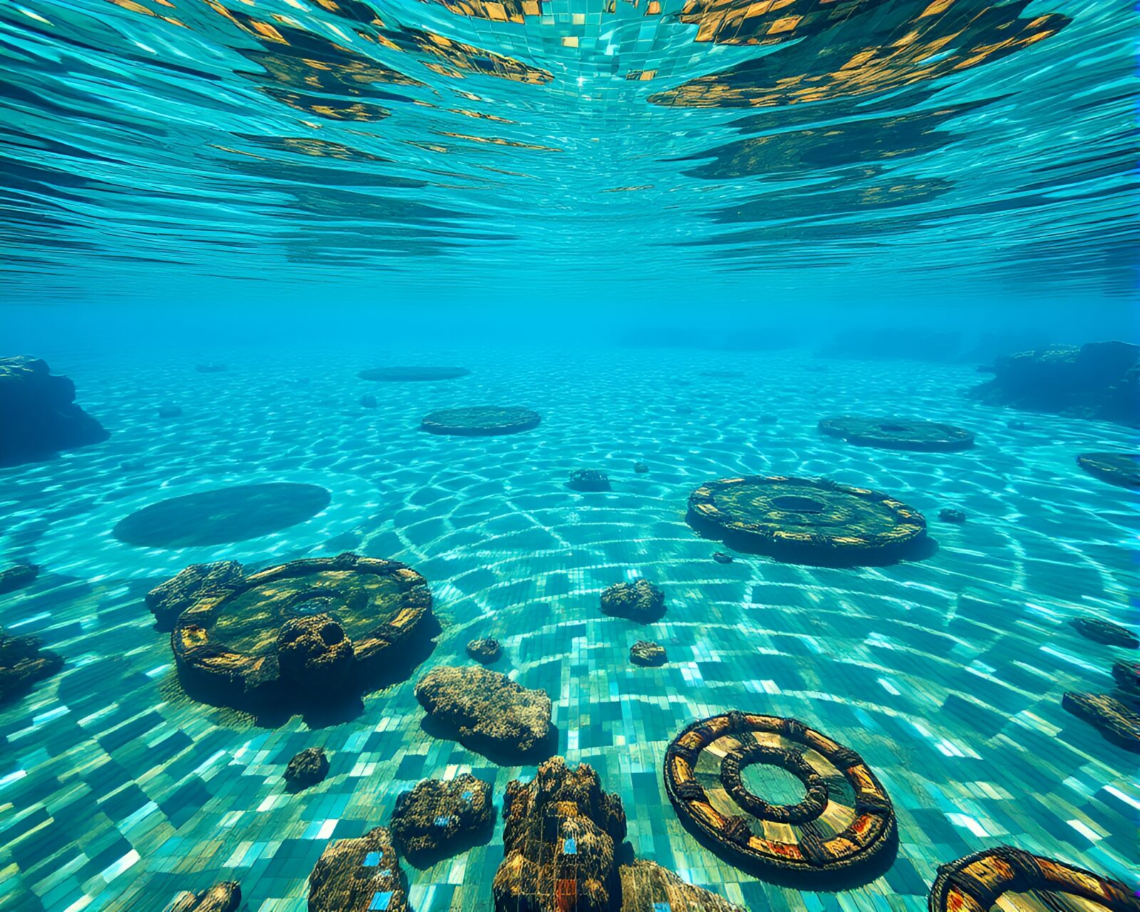 Subterranean crystal lake with surreal mosaic tiling artistry