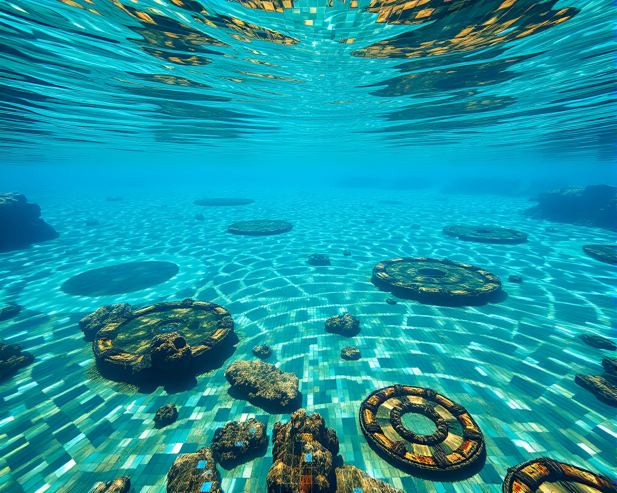 Surreal Crystal Lake Oasis with Intricate Mosaic Tiles – free AI stock image