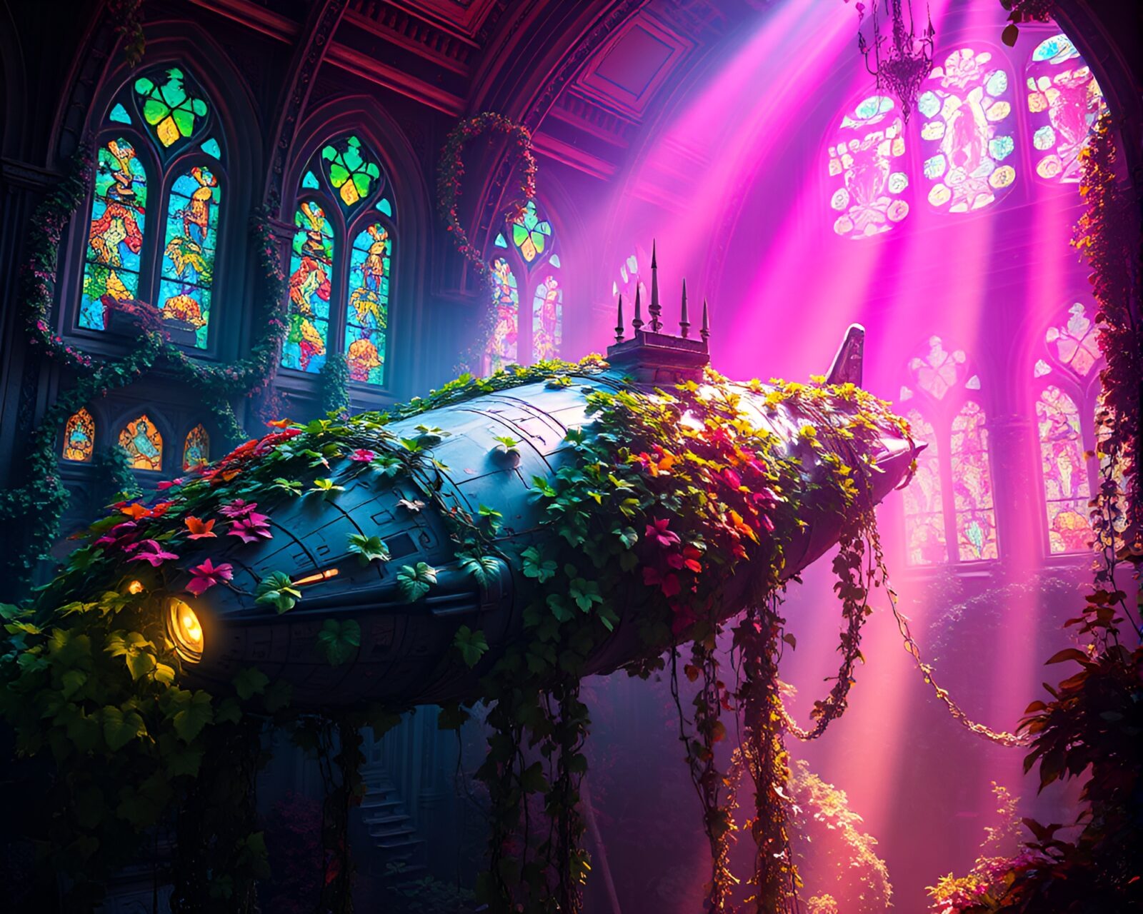 Majestic spaceship covered in ivy under colorful stained glass light