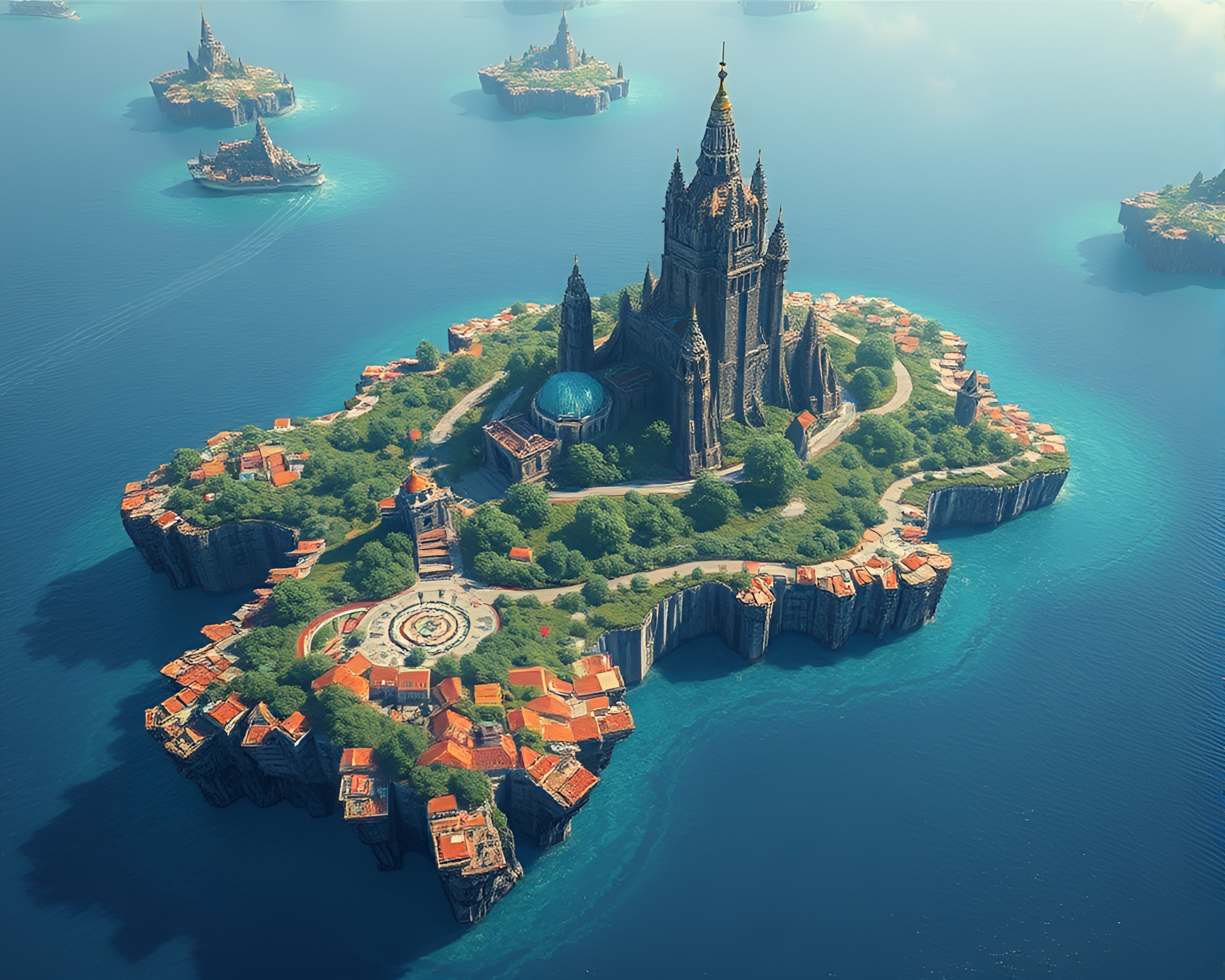 Intricate Floating Island Archipelago with Mosaic Tile Work – free AI stock image
