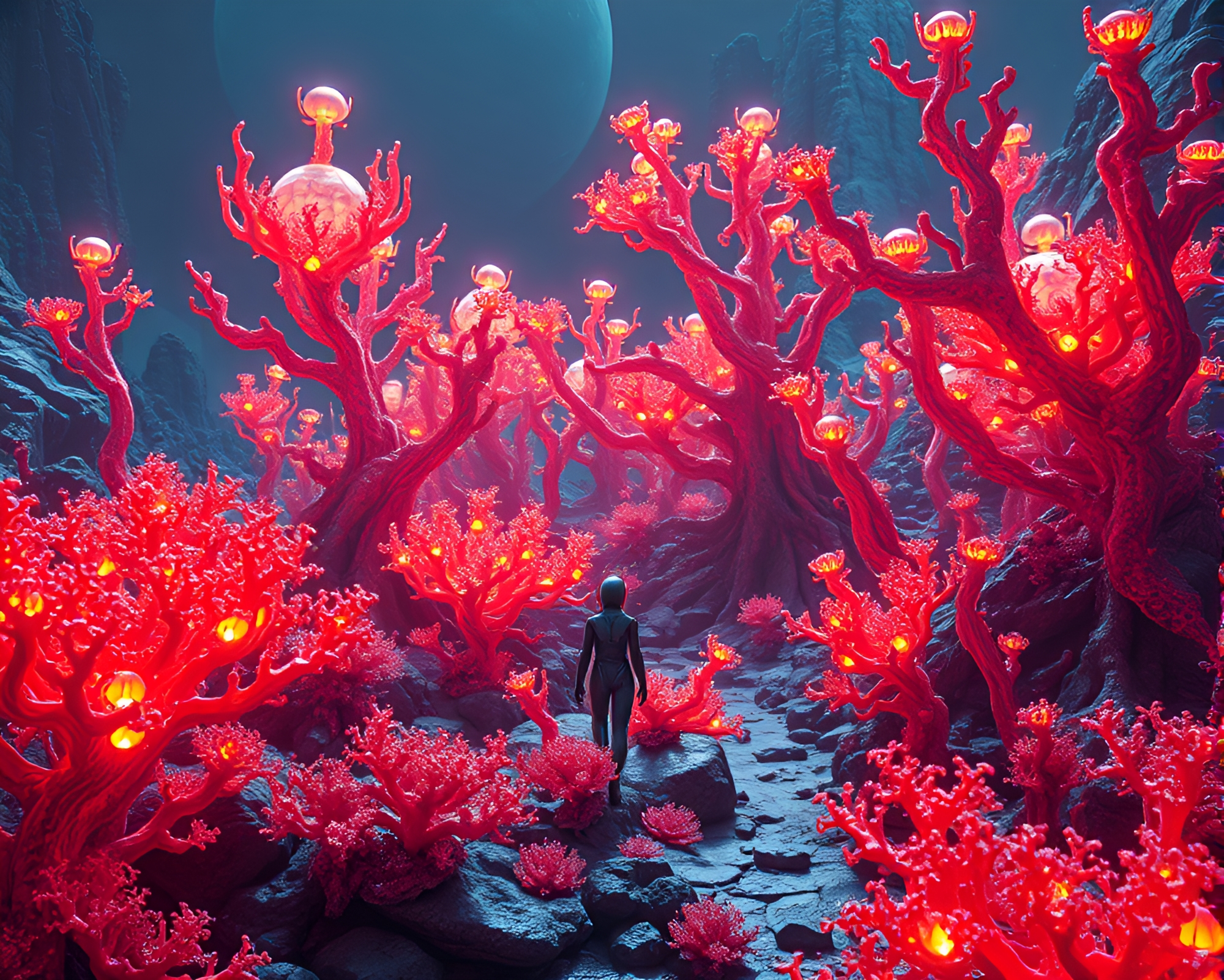 Vibrant Coral Forest on Alien Planet with Geometric Organisms – free AI stock image