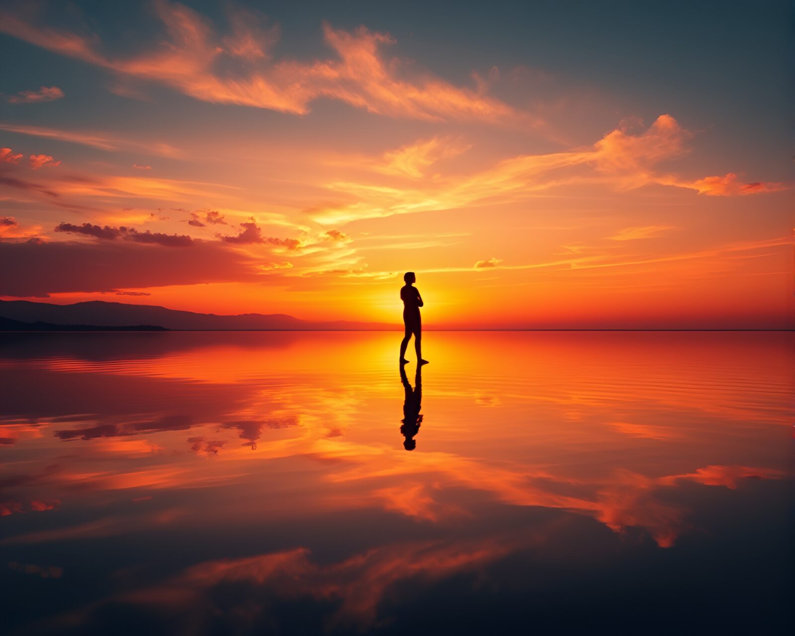 Vibrant sunset reflecting silhouette in serene water mirror
