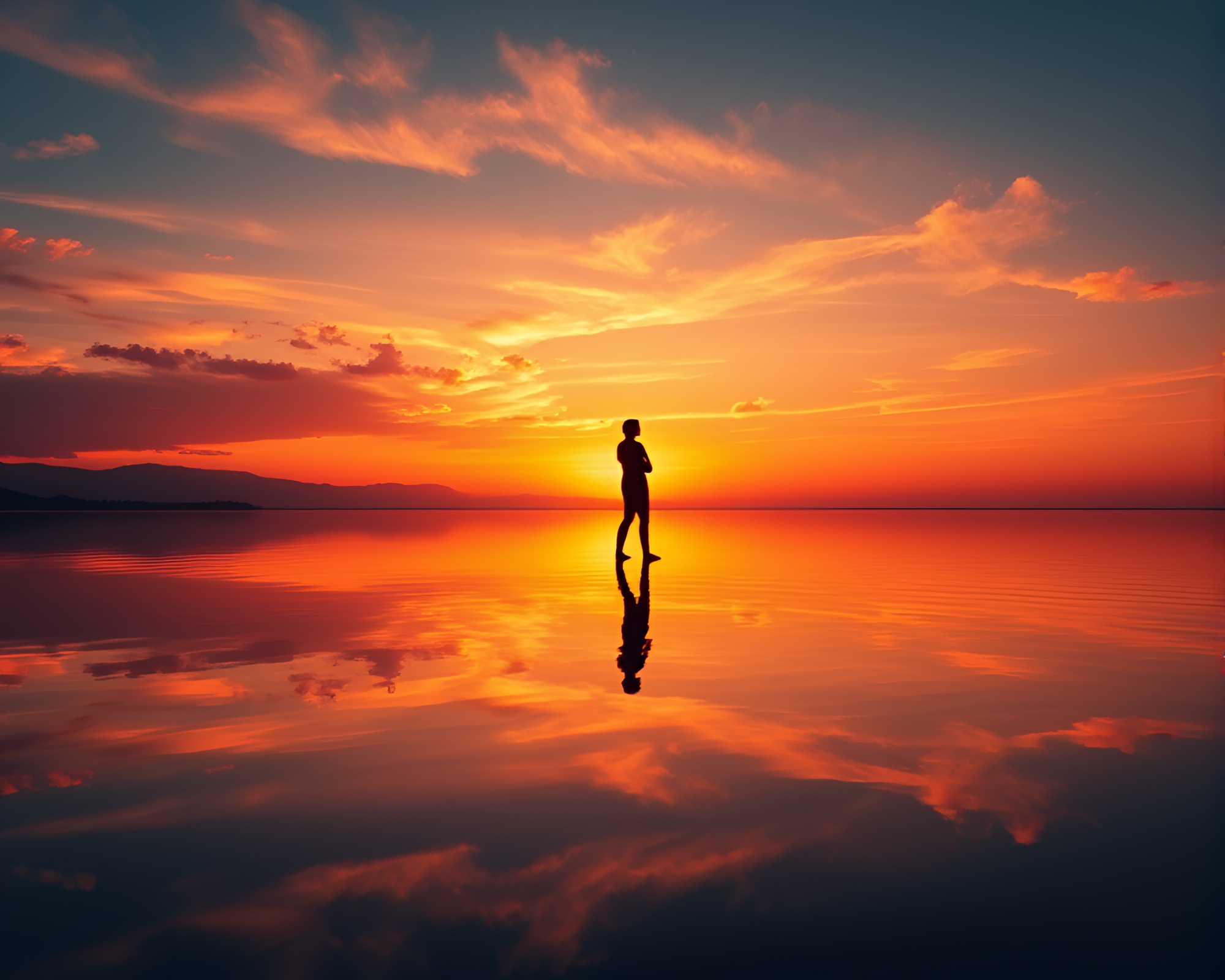 Serene Sunset Silhouette Reflecting on Calm Waters – free AI stock image
