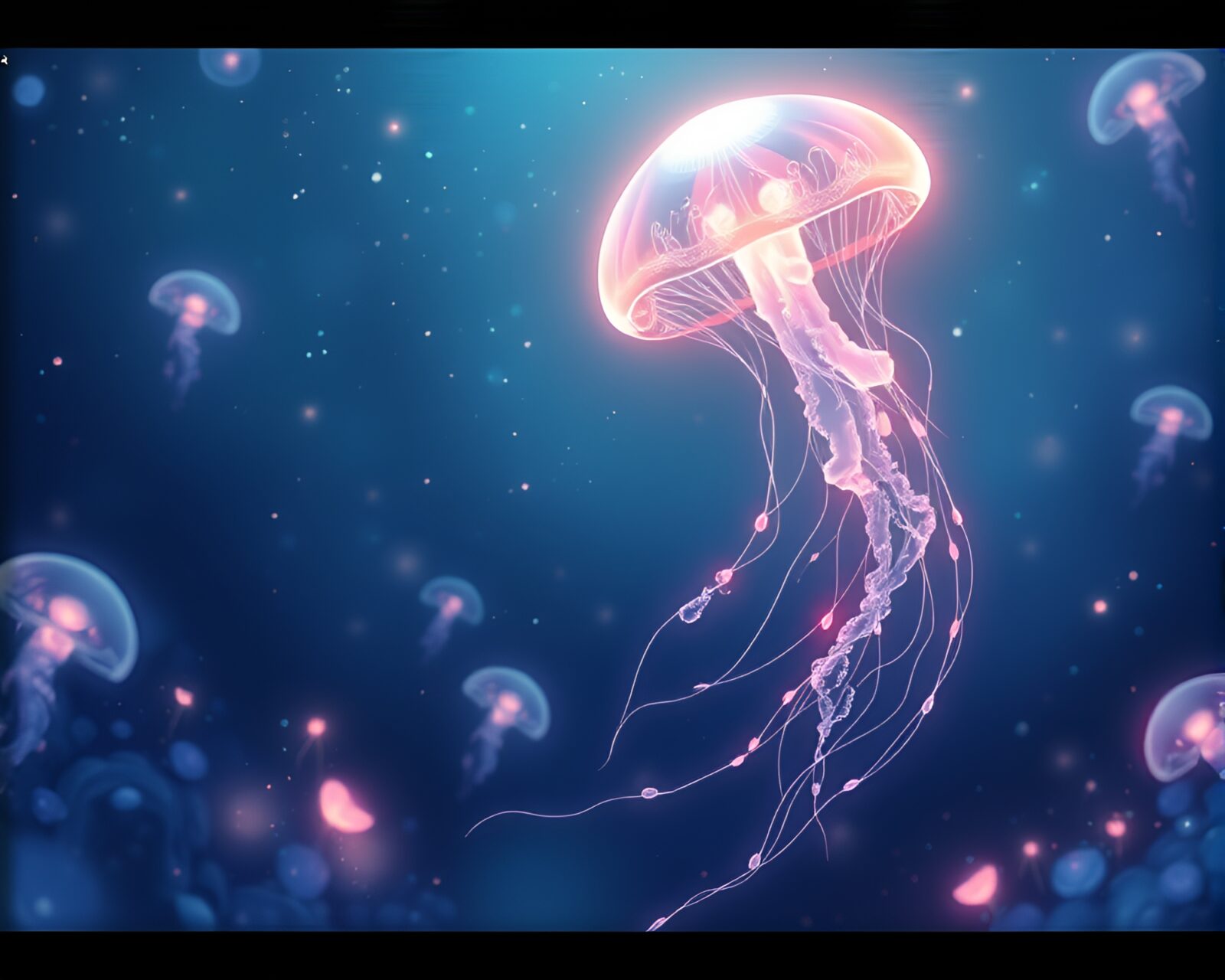 Luminous jellyfish swimming in serene ocean with contemplative anime character