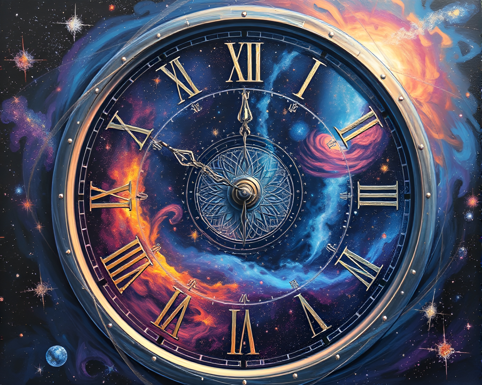 Mesmerizing Cosmic Clock Oil Painting with Vibrant Colors – free AI stock image