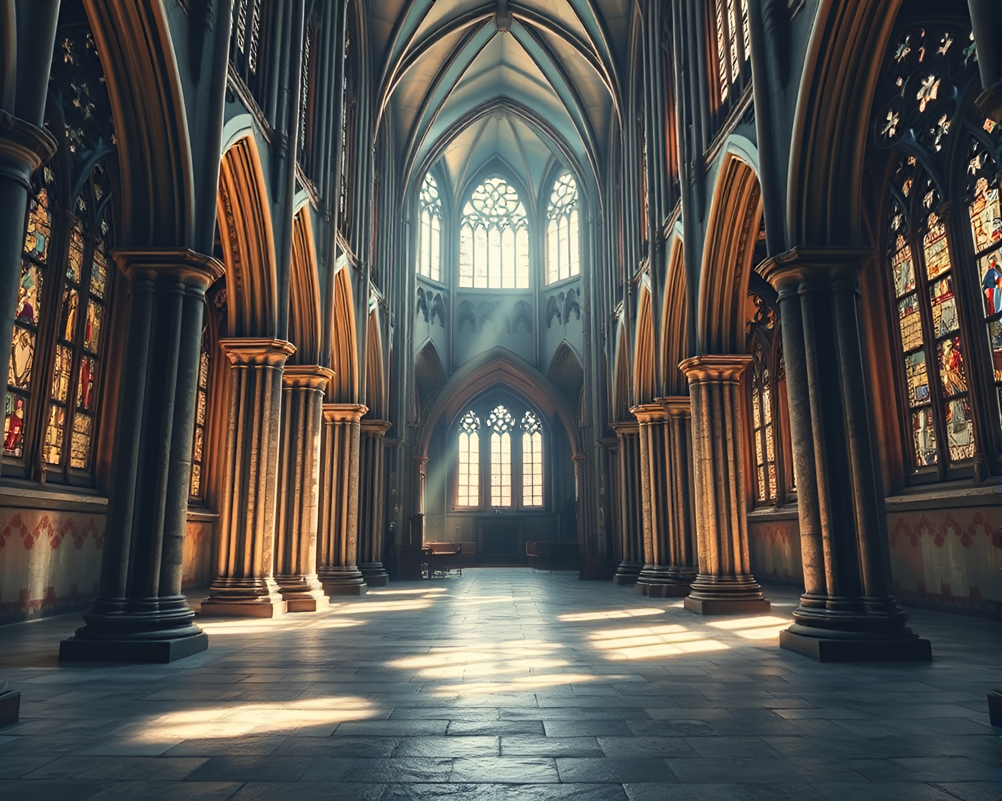 Ethereal Gothic Cathedral Interior with Stained Glass Patterns – free AI stock image