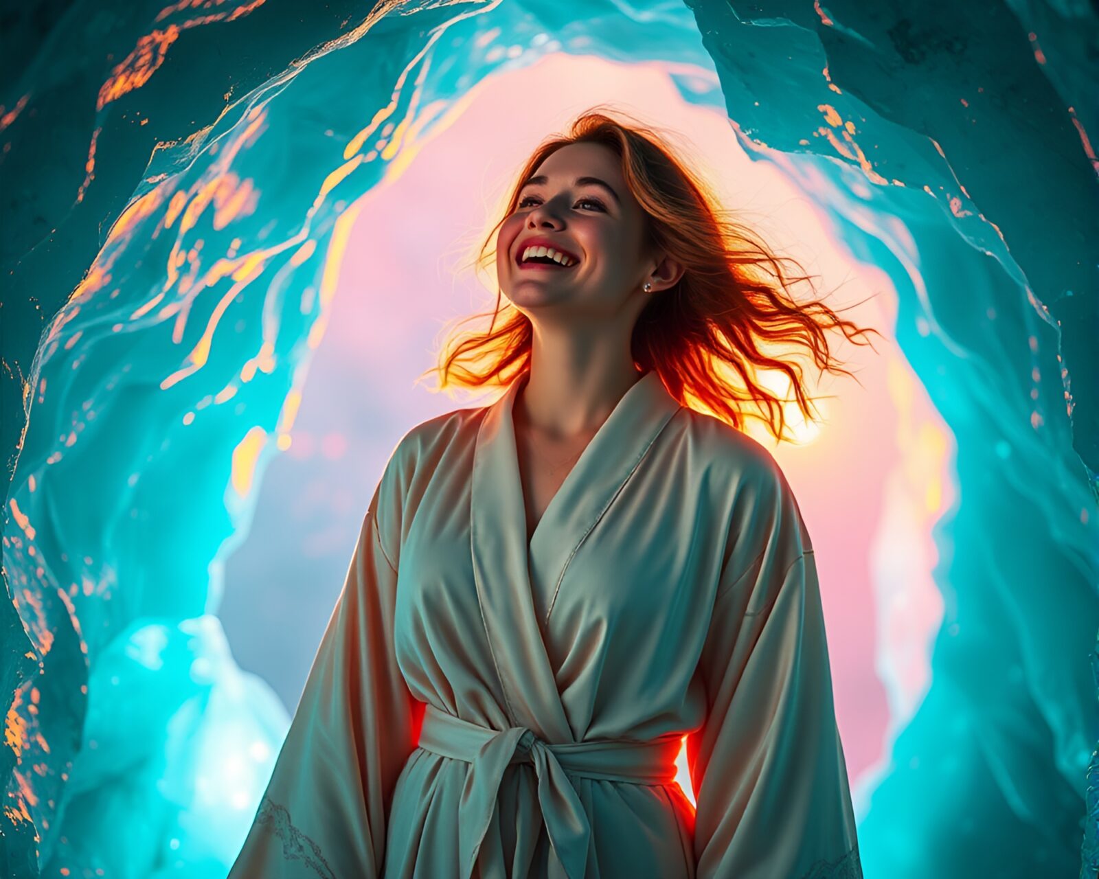 Young woman in flowing robes illuminated by colorful ice light