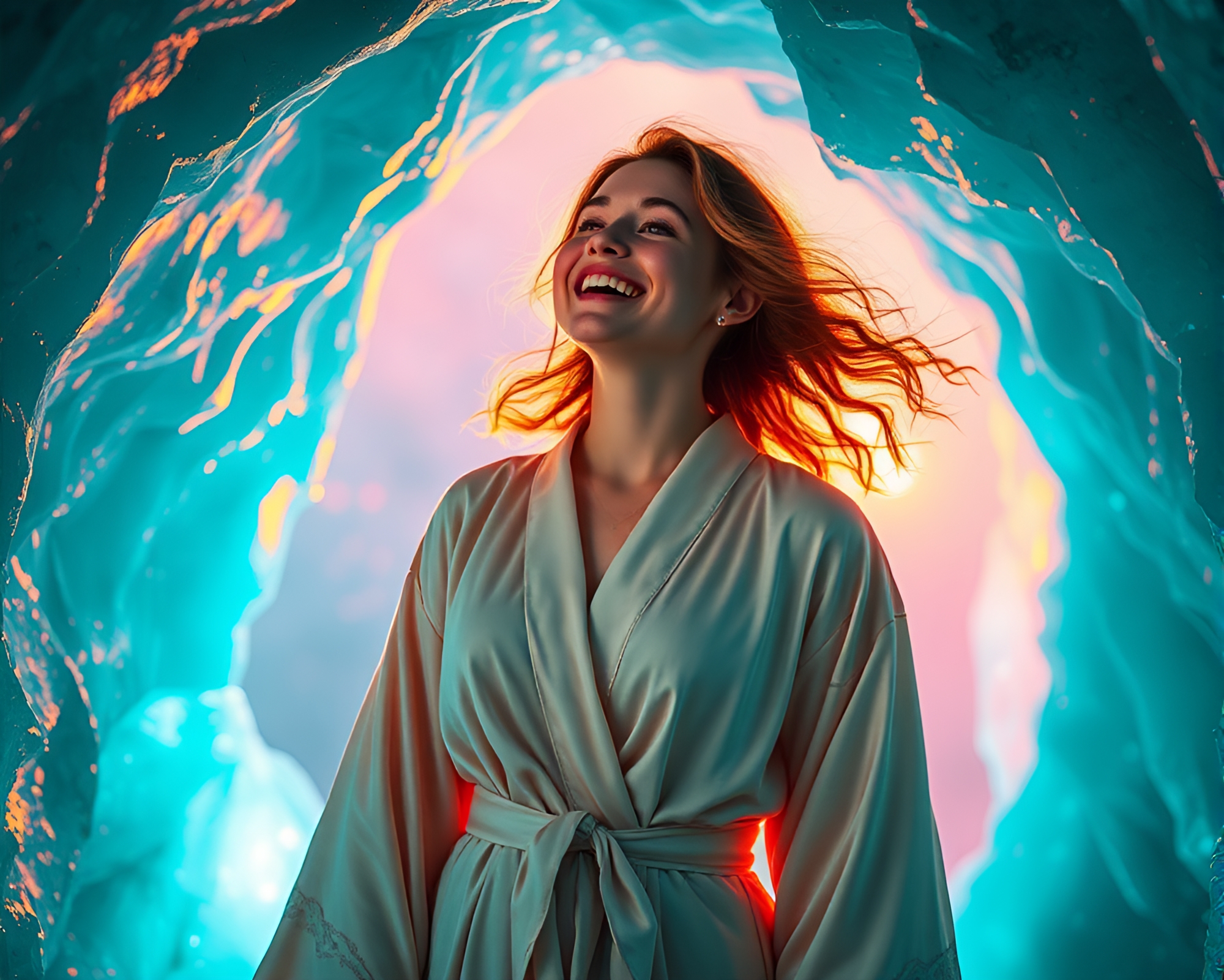 Ethereal Portrait in Glistening Ice Prism Cavern – free AI stock image