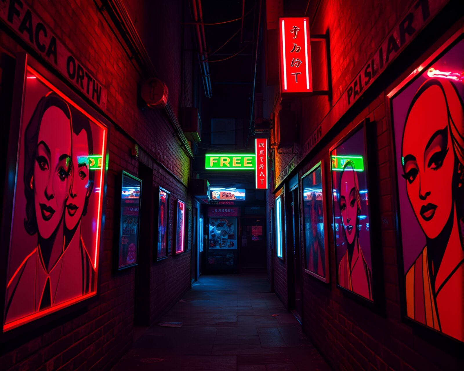 Neon-lit alleyway with bold, colorful Pop Art pieces