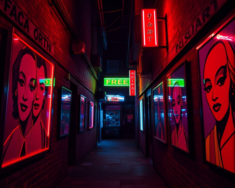 Vibrant Neon Pop Art in Shadowed Alleyway – free AI stock image