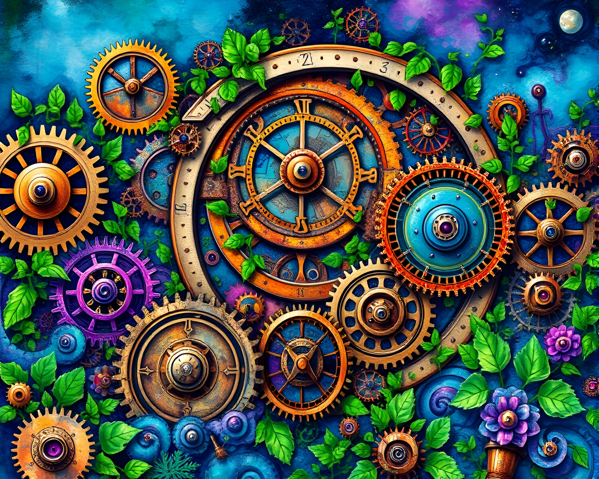 Intricate Clockwork Garden with Galvanizing Watercolor Splash – free AI stock image