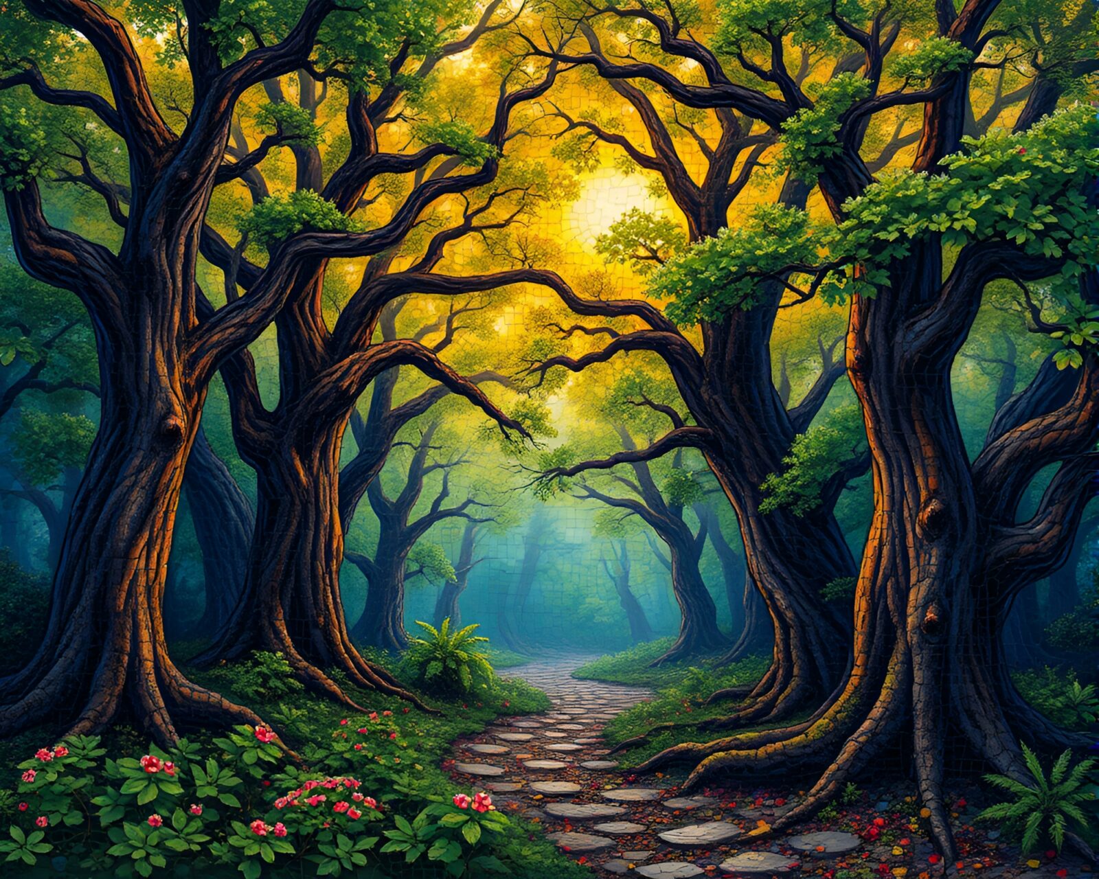 Vibrant blues, greens, and purples in mystical mosaic forest