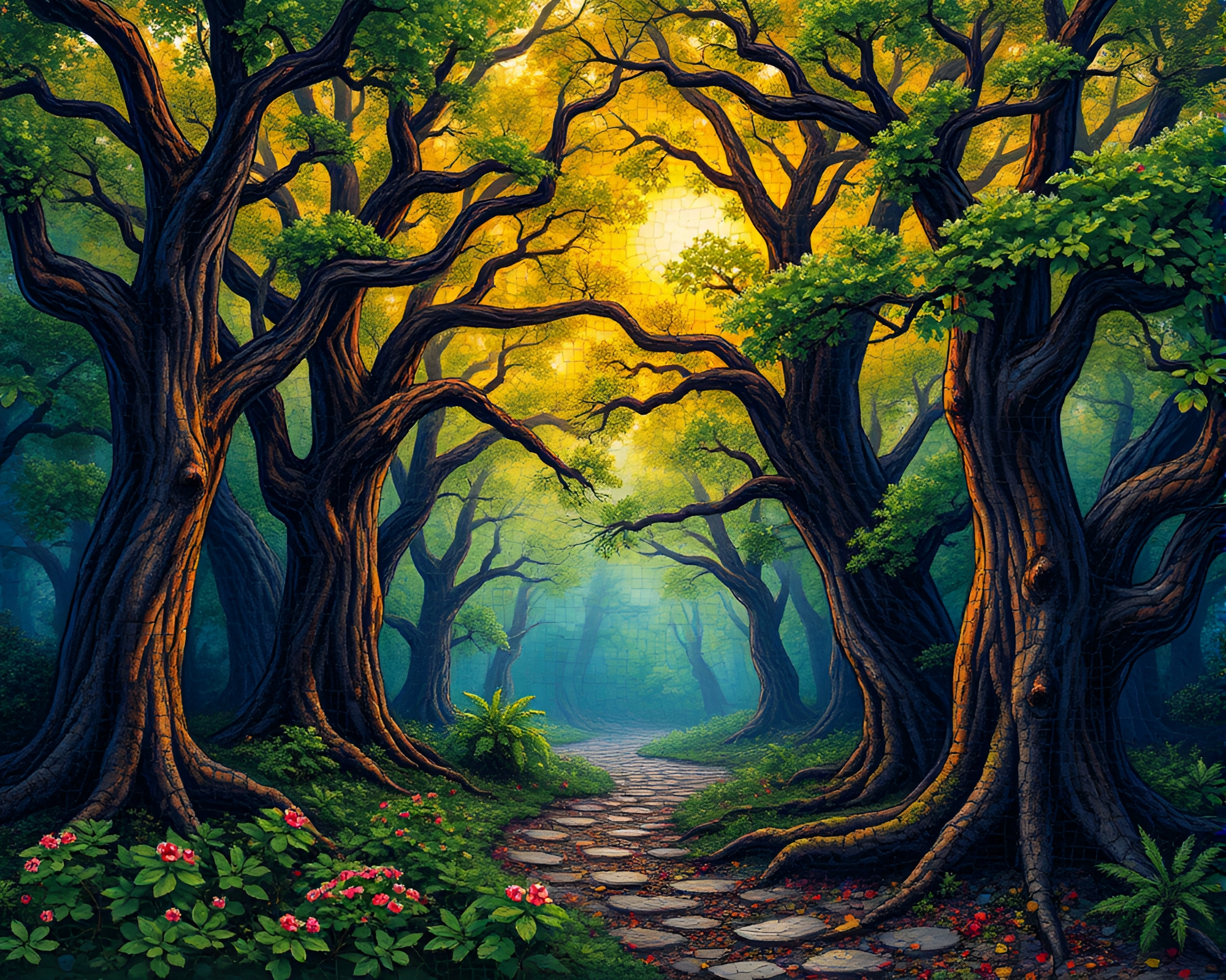 Spectral Oak Forest Mosaic: Enchanting Fantasy Artwork – free AI stock image